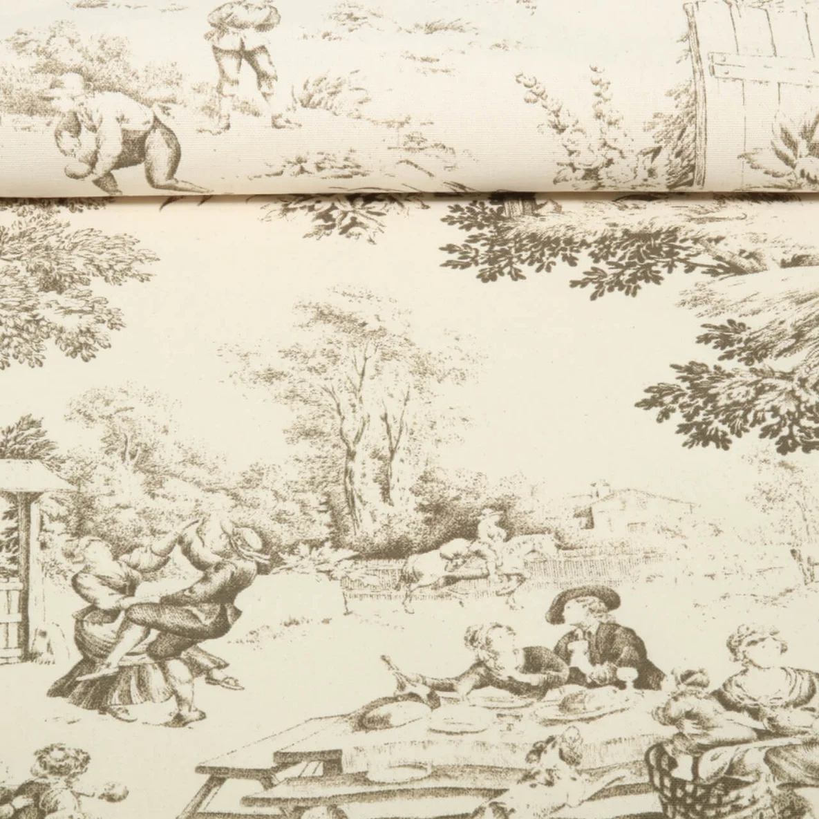 Baumwoll-Canvas Dorfleben Toile-de-Jouy Beige Braun