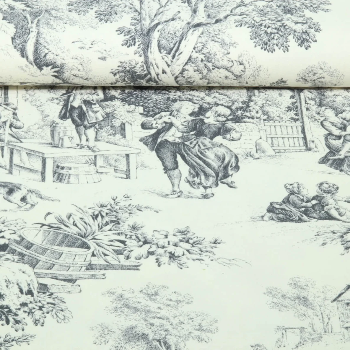 Baumwoll-Canvas Dorfleben Toile-de-Jouy Beige Grau