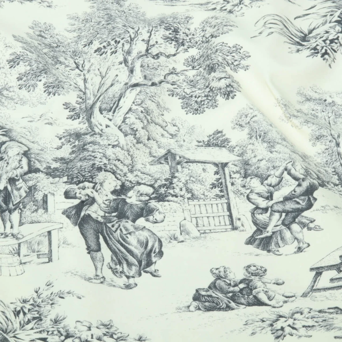 Baumwoll-Canvas Dorfleben Toile-de-Jouy Beige Grau