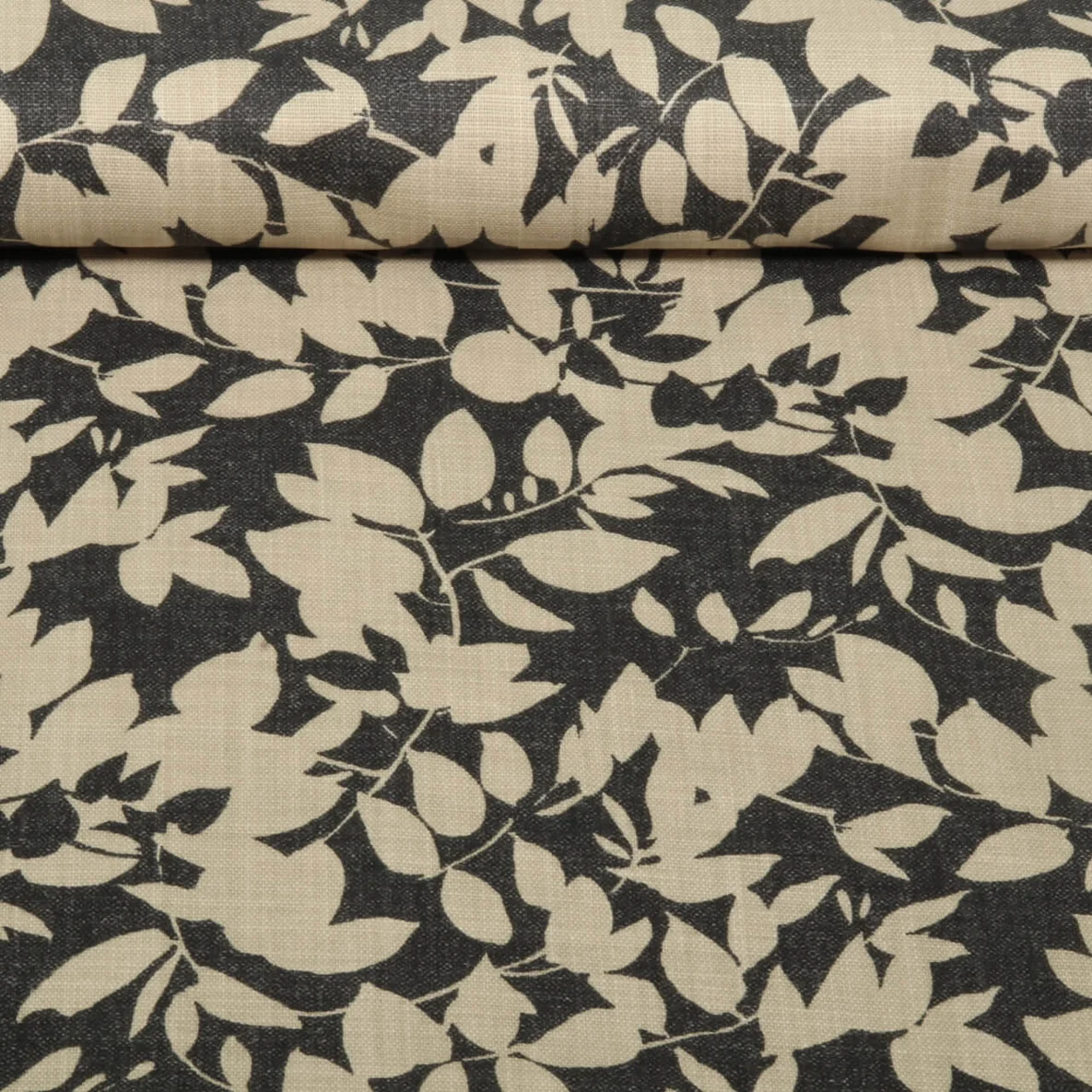 Baumwoll Canvas Leinenlook Blätterzweige Anthrazit