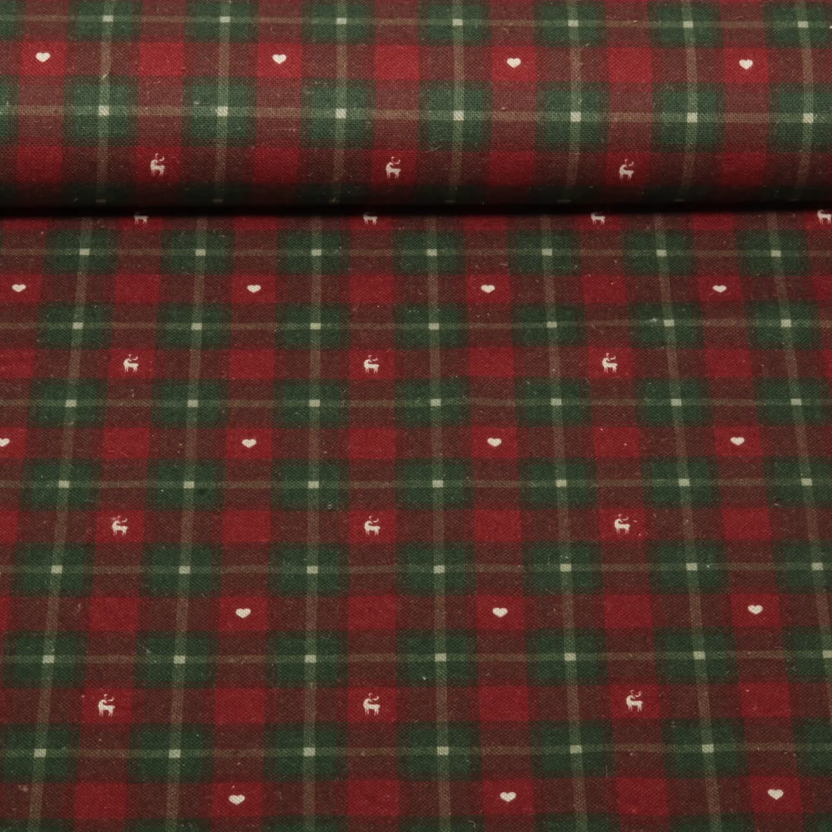 Baumwoll-Canvas Leinenlook Karo Herzen Hirsche Rot Grün