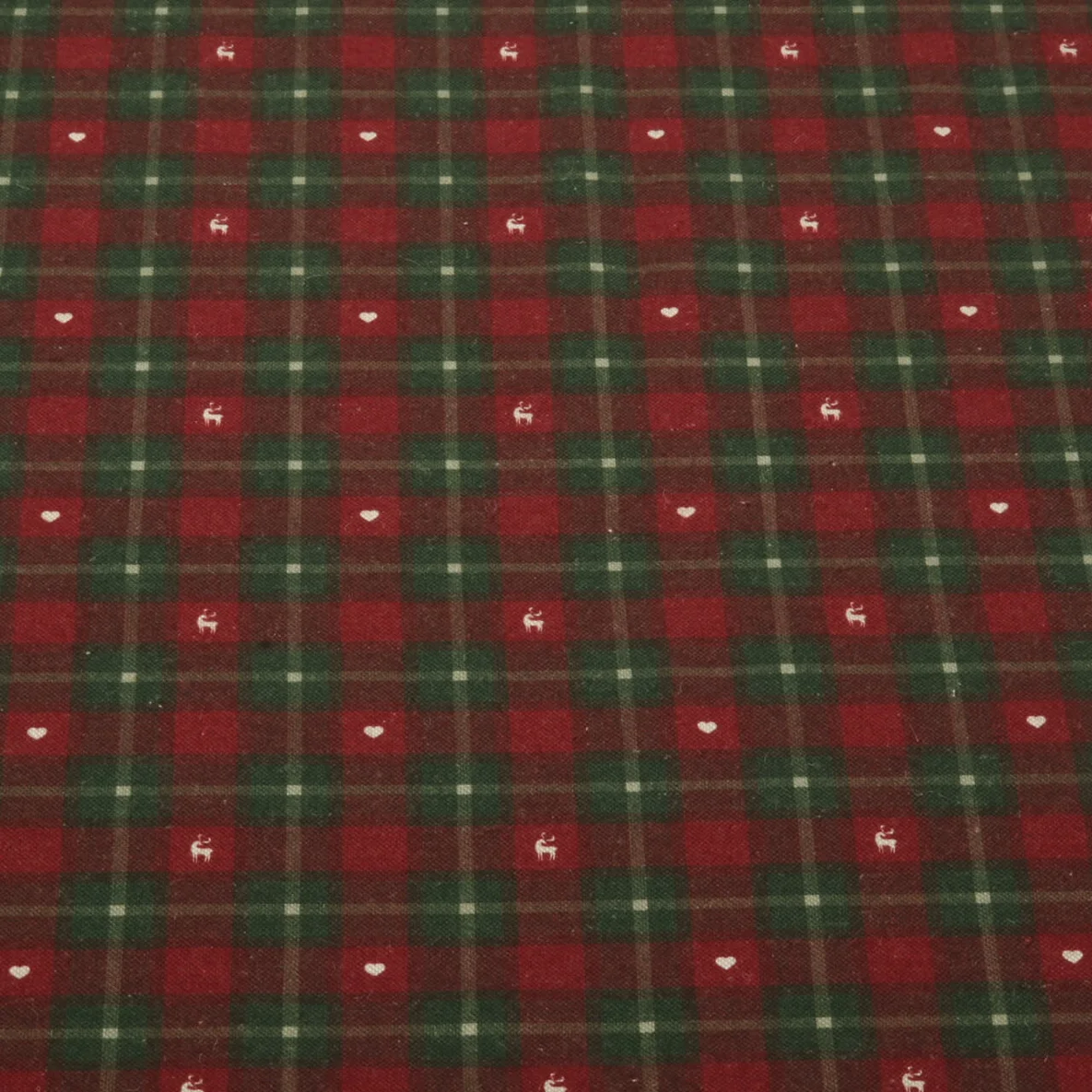 Baumwoll-Canvas Leinenlook Karo Herzen Hirsche Rot Grün