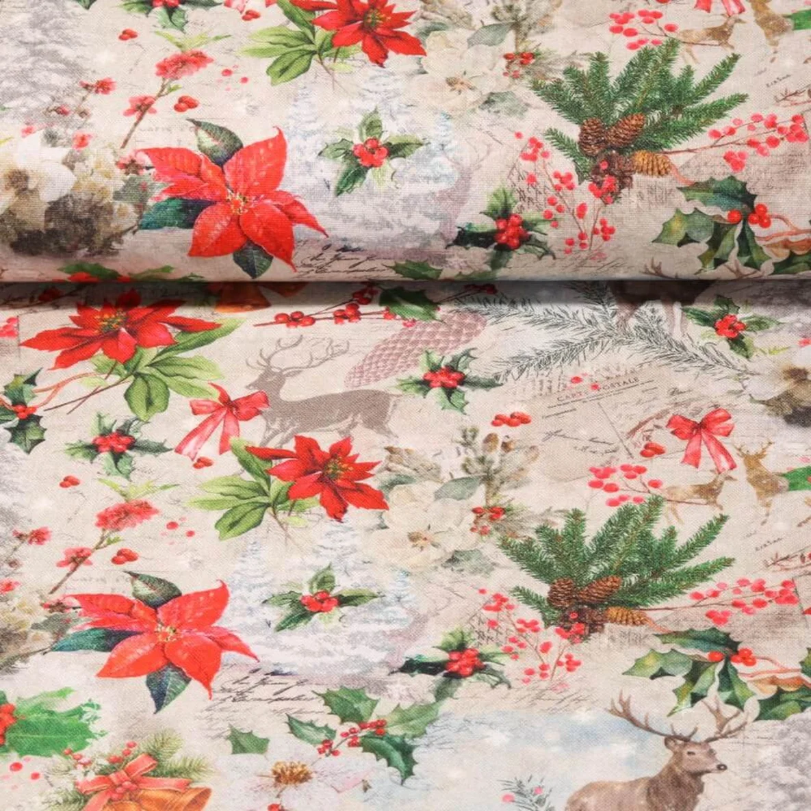 Baumwoll-Canvas Leinenlook Weihnachtszweige Hirsche Grau