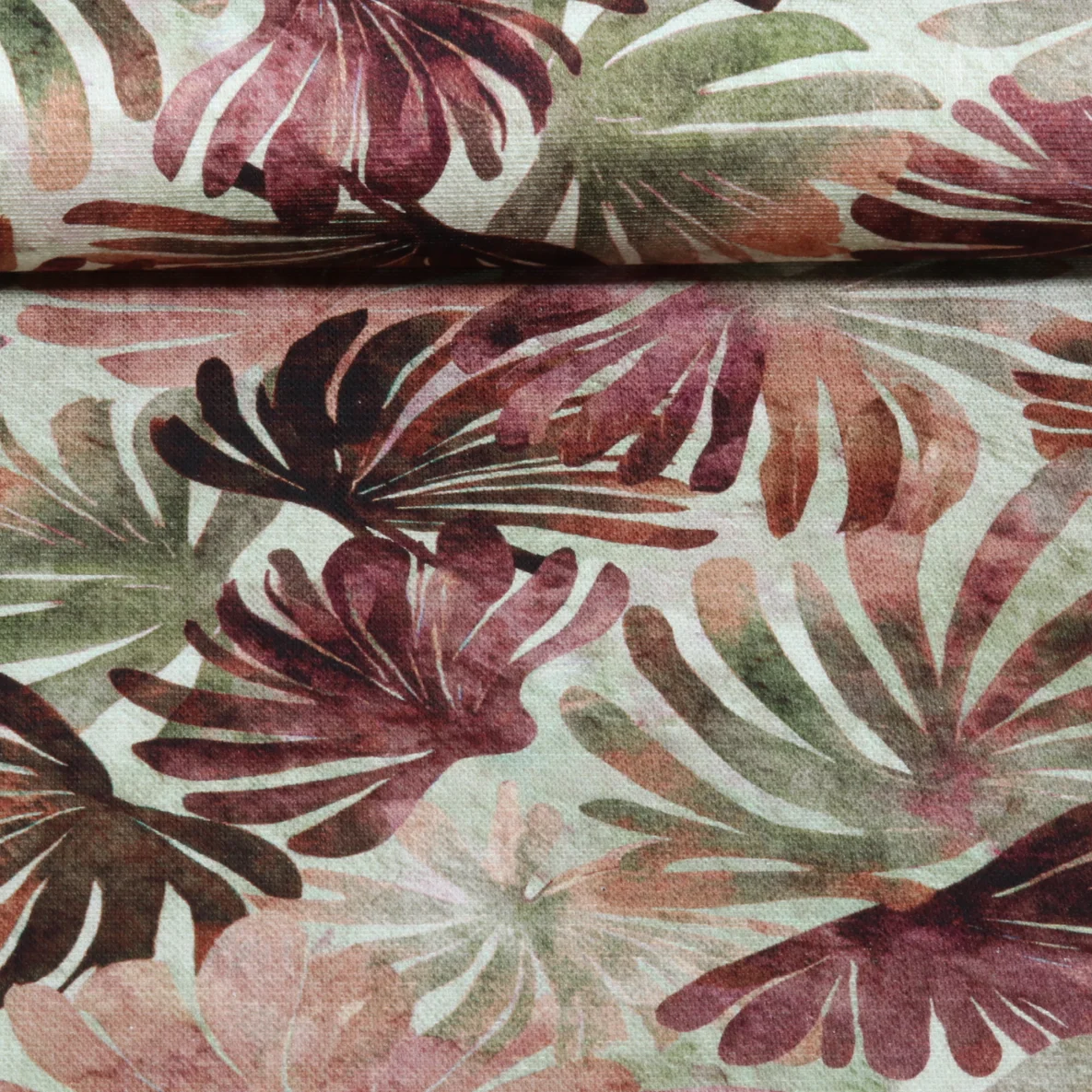 Baumwoll-Canvas Slub Digitaldruck Blätter Mint Bordeaux