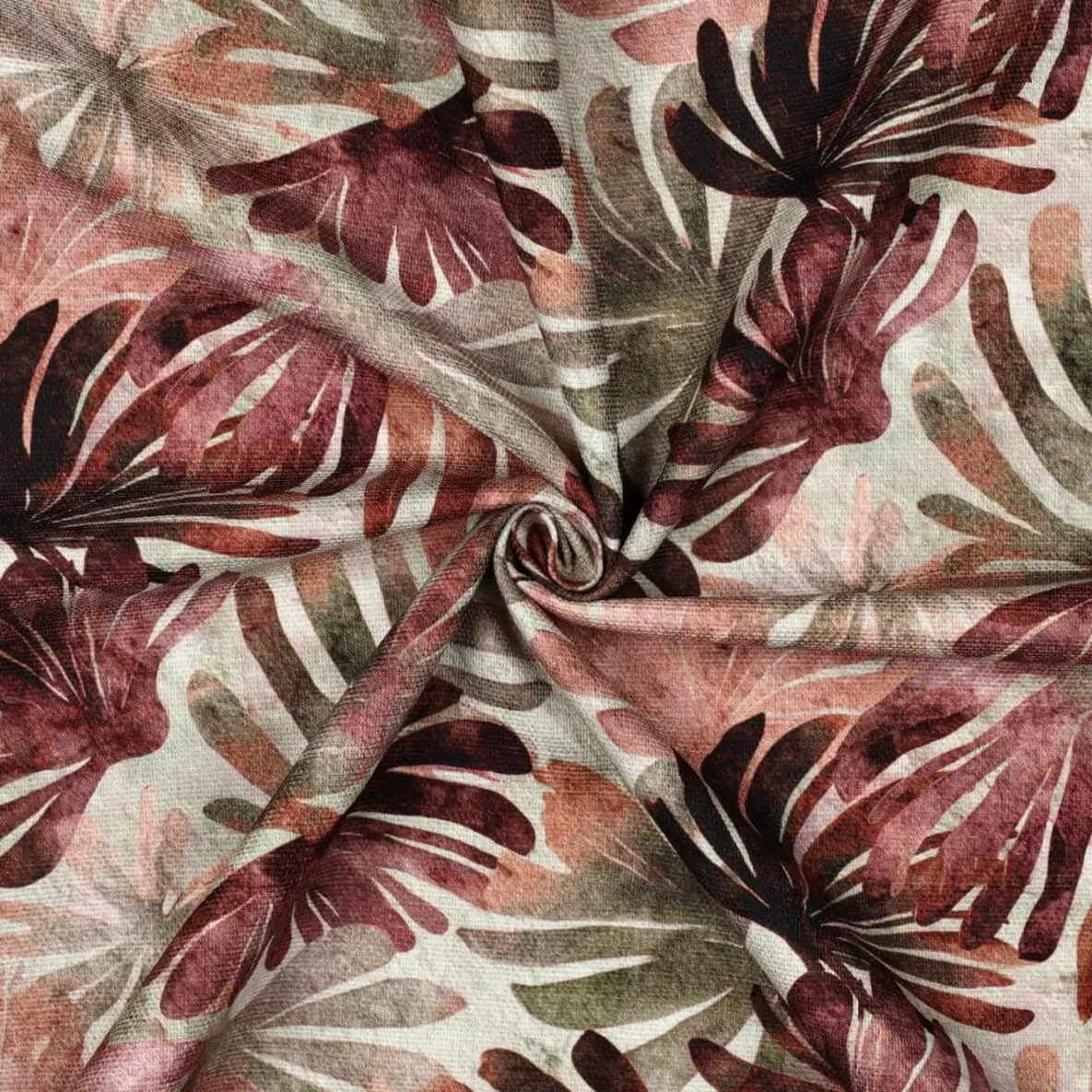 Baumwoll-Canvas Slub Digitaldruck Blätter Mint Bordeaux