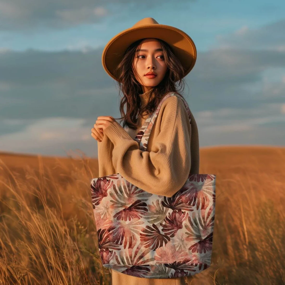 Baumwoll-Canvas Slub Digitaldruck Blätter Mint Bordeaux
