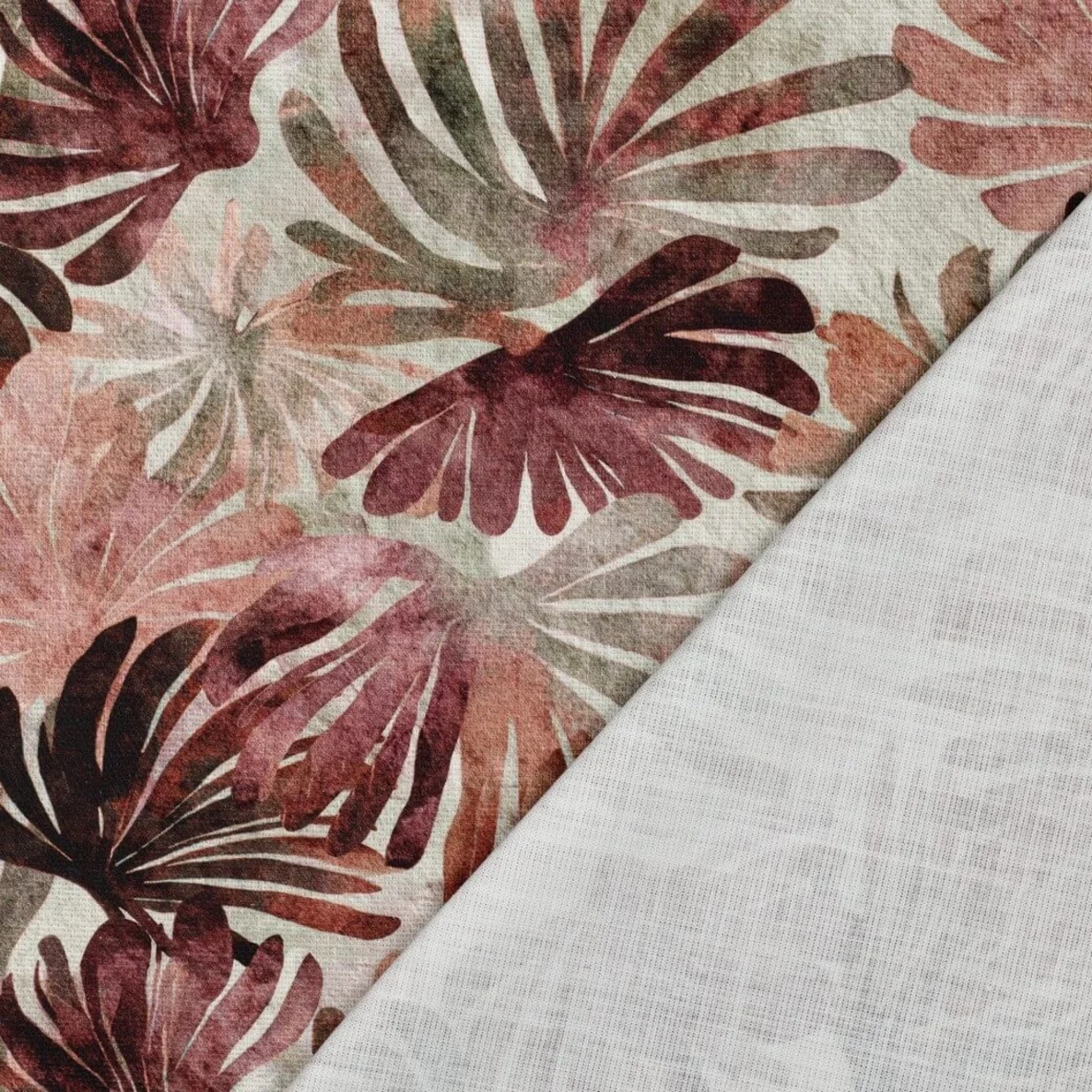 Baumwoll-Canvas Slub Digitaldruck Blätter Mint Bordeaux