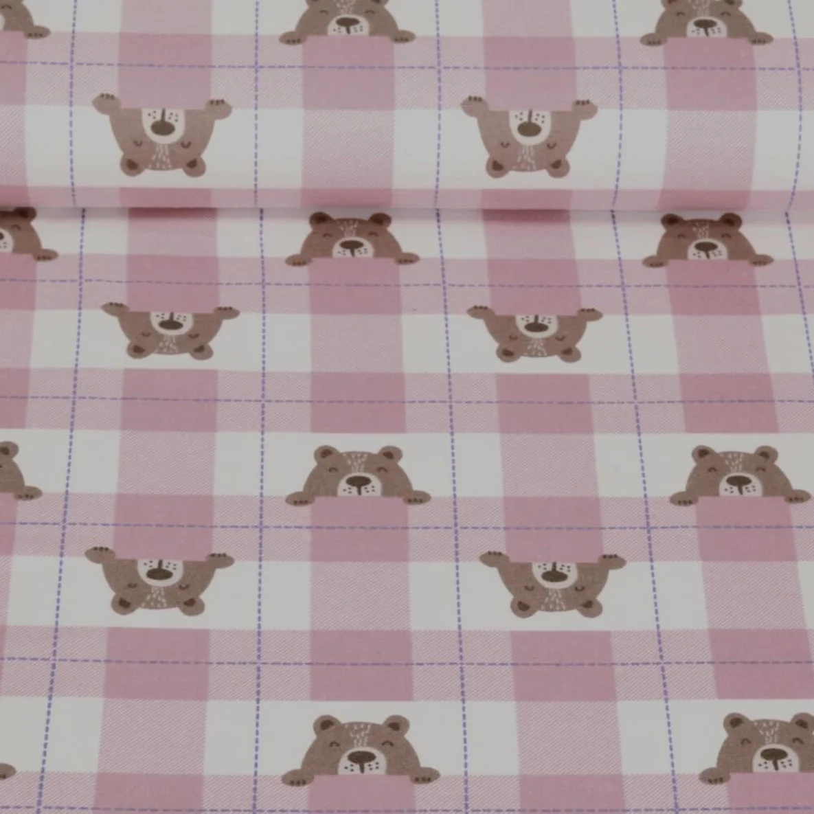 Baumwoll Flanell Karo Bären Altrosa