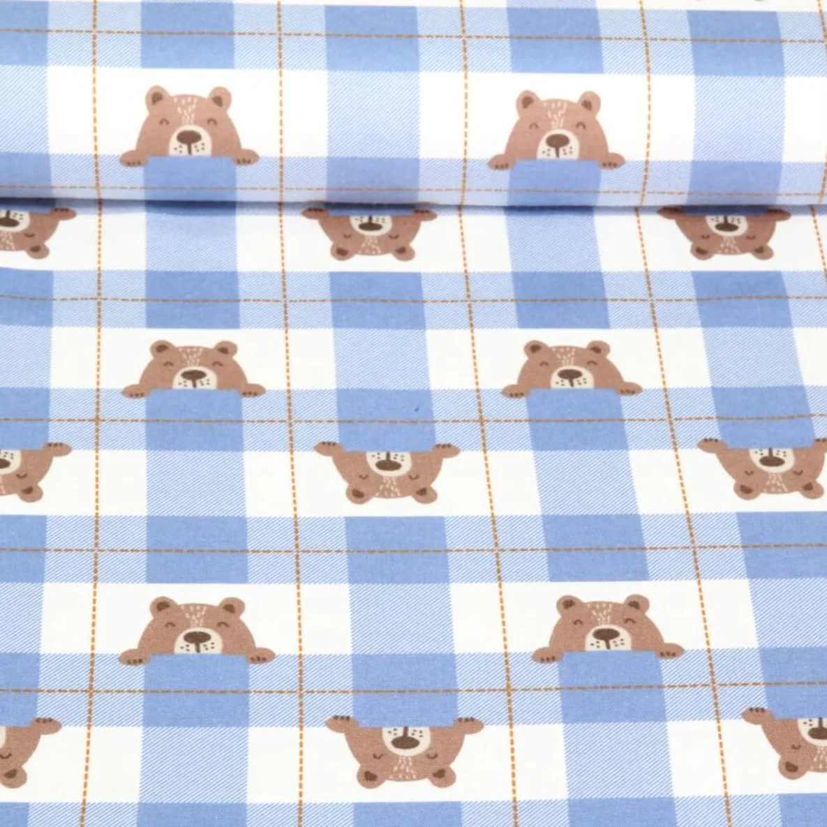 Baumwoll Flanell Karo Bären Jeansblau