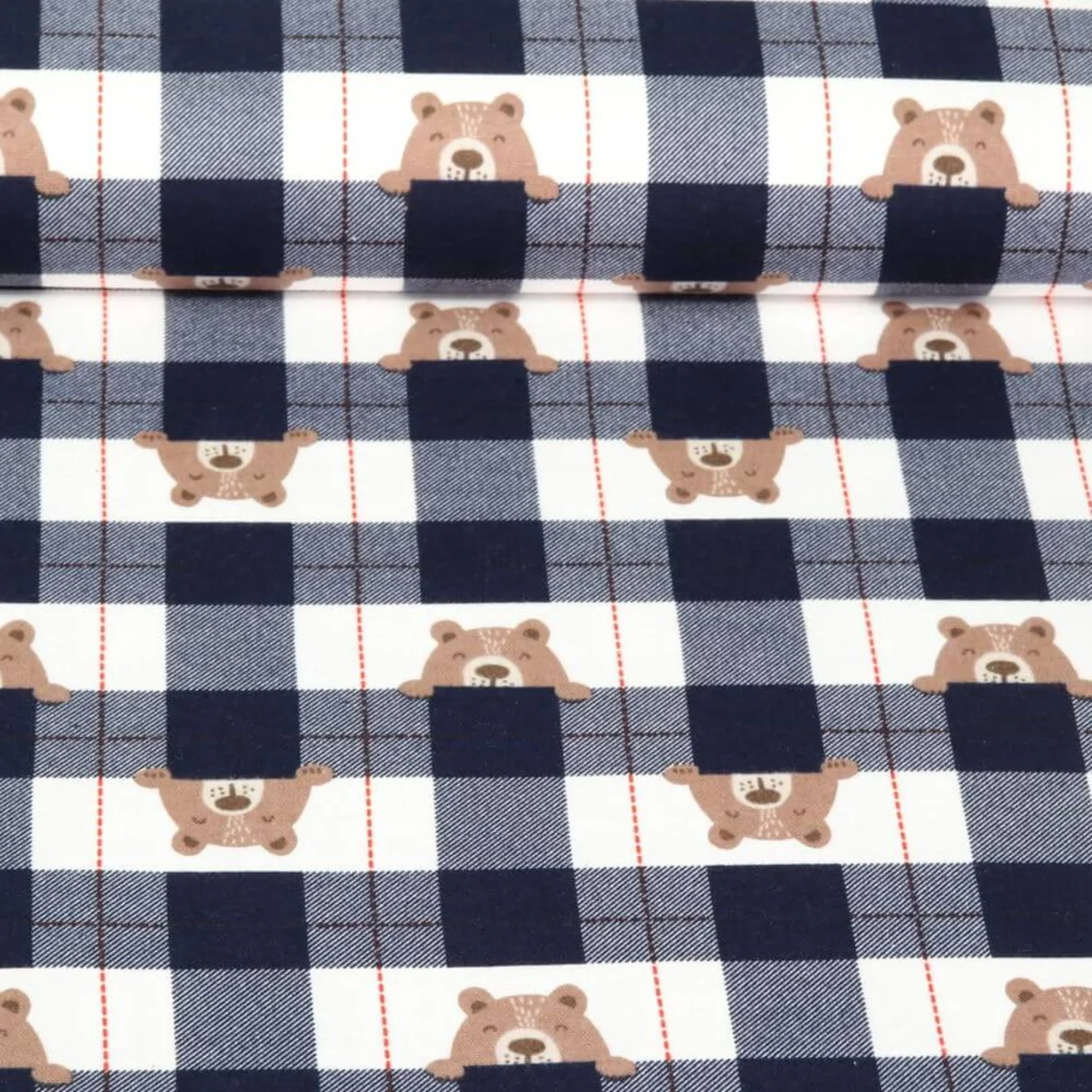 Baumwoll Flanell Karo Bären Navy