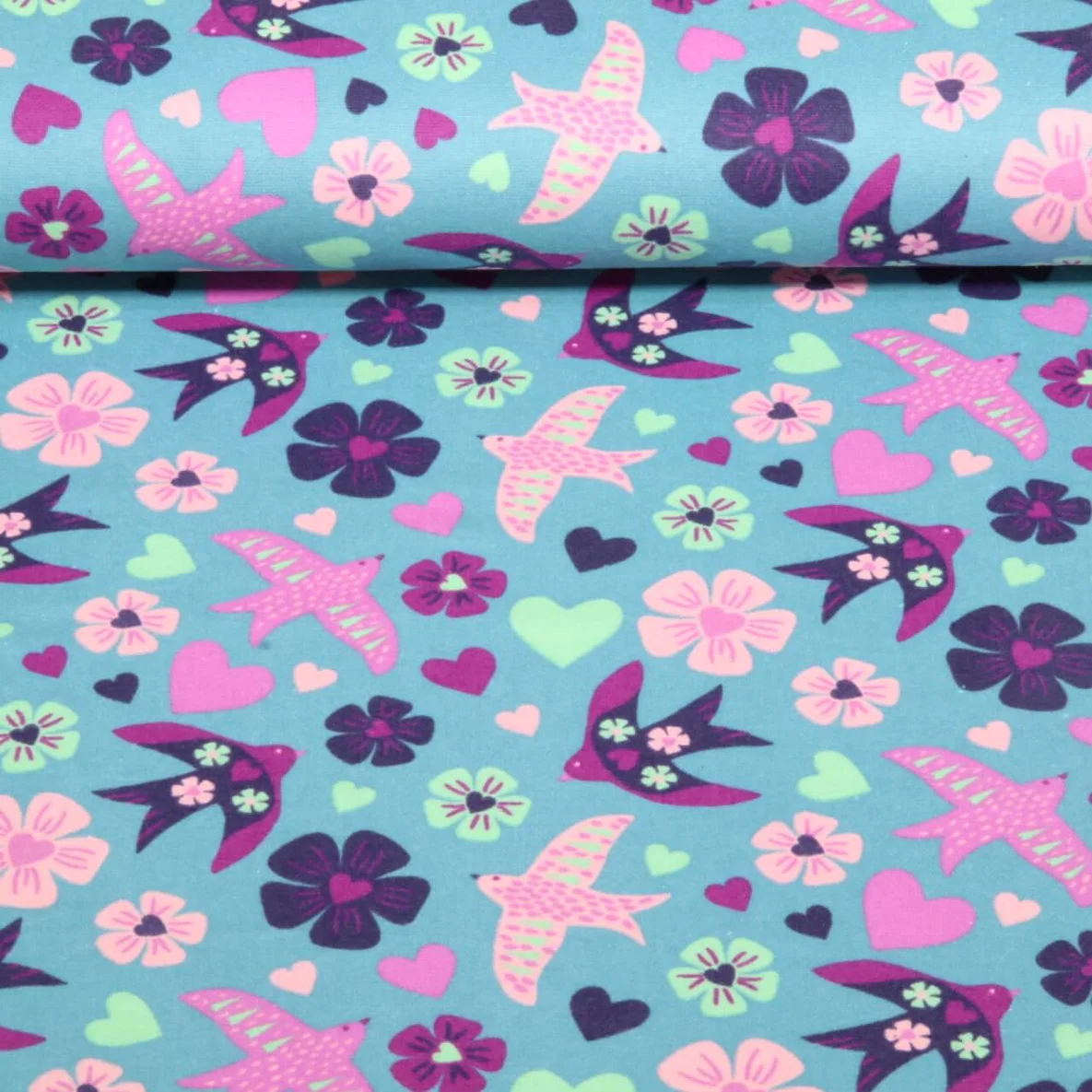 Baumwoll Flanell Vögel Türkis