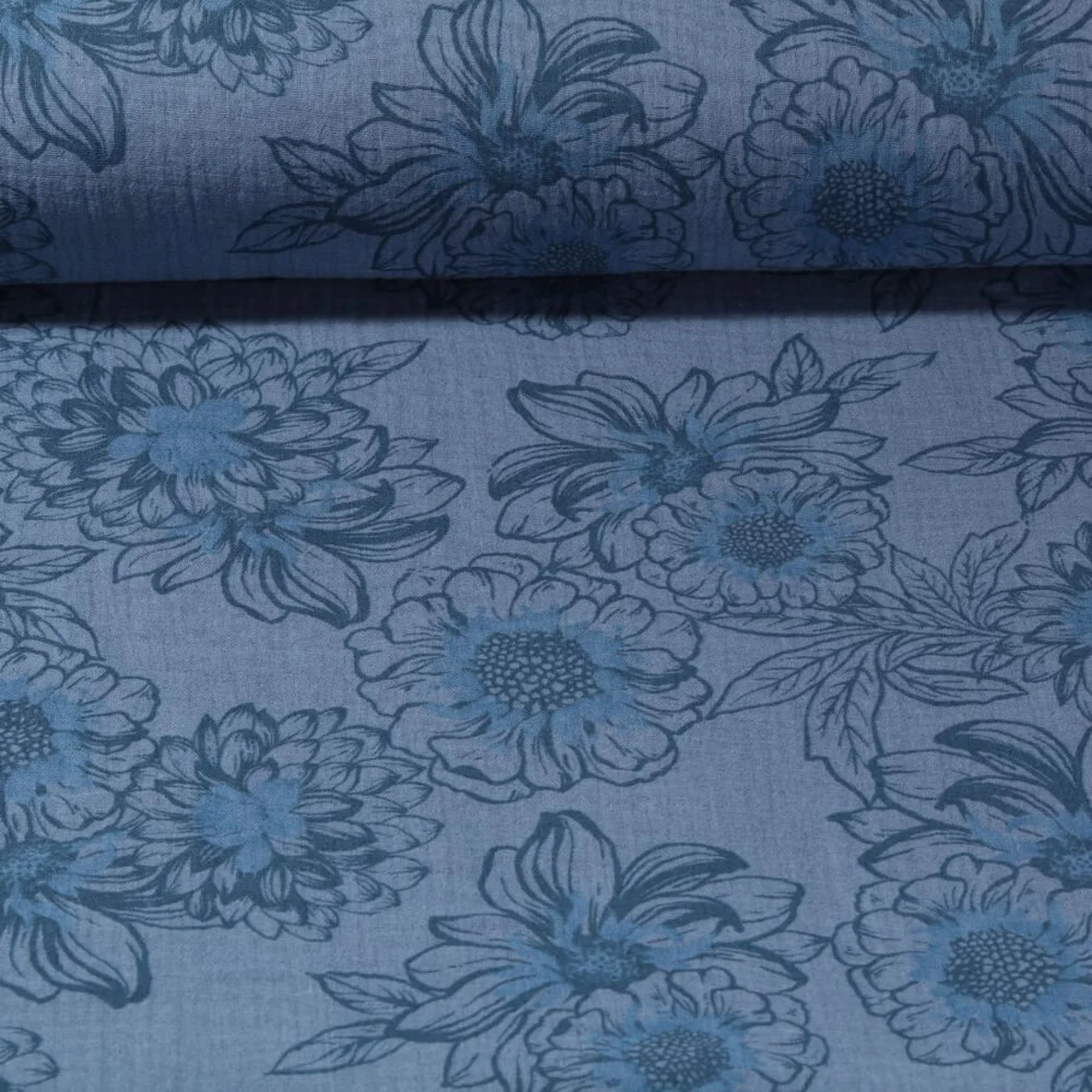 Baumwoll Musselin Blüten Jeansblau