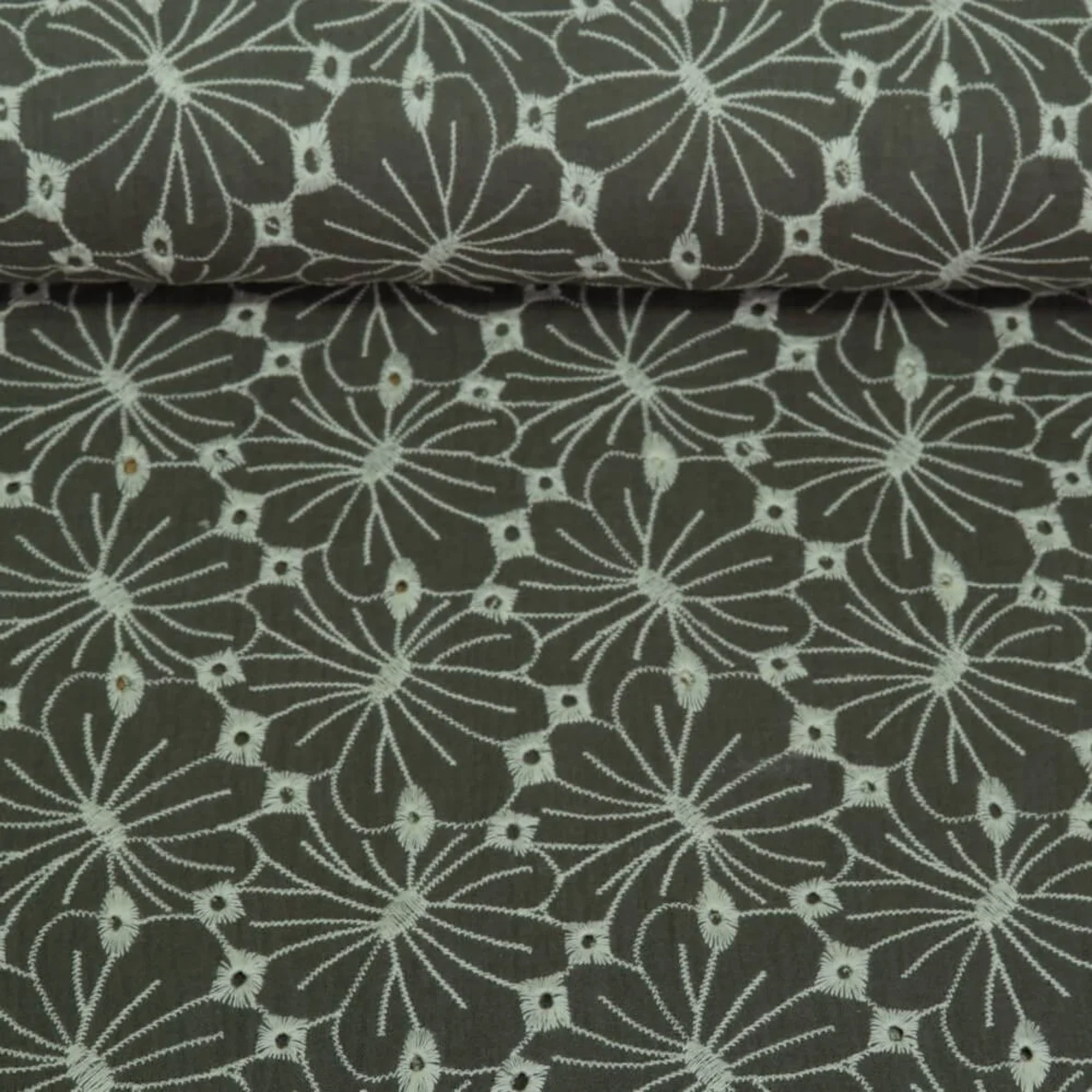 Baumwoll Musselin Double Gauze Blumen Bestickt Armygrün