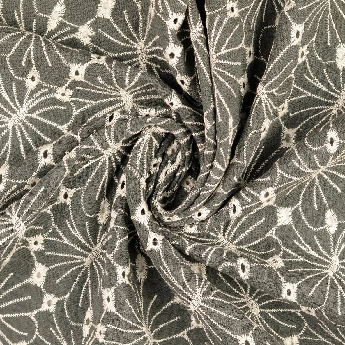 Baumwoll Musselin Double Gauze Blumen Bestickt Armygrün