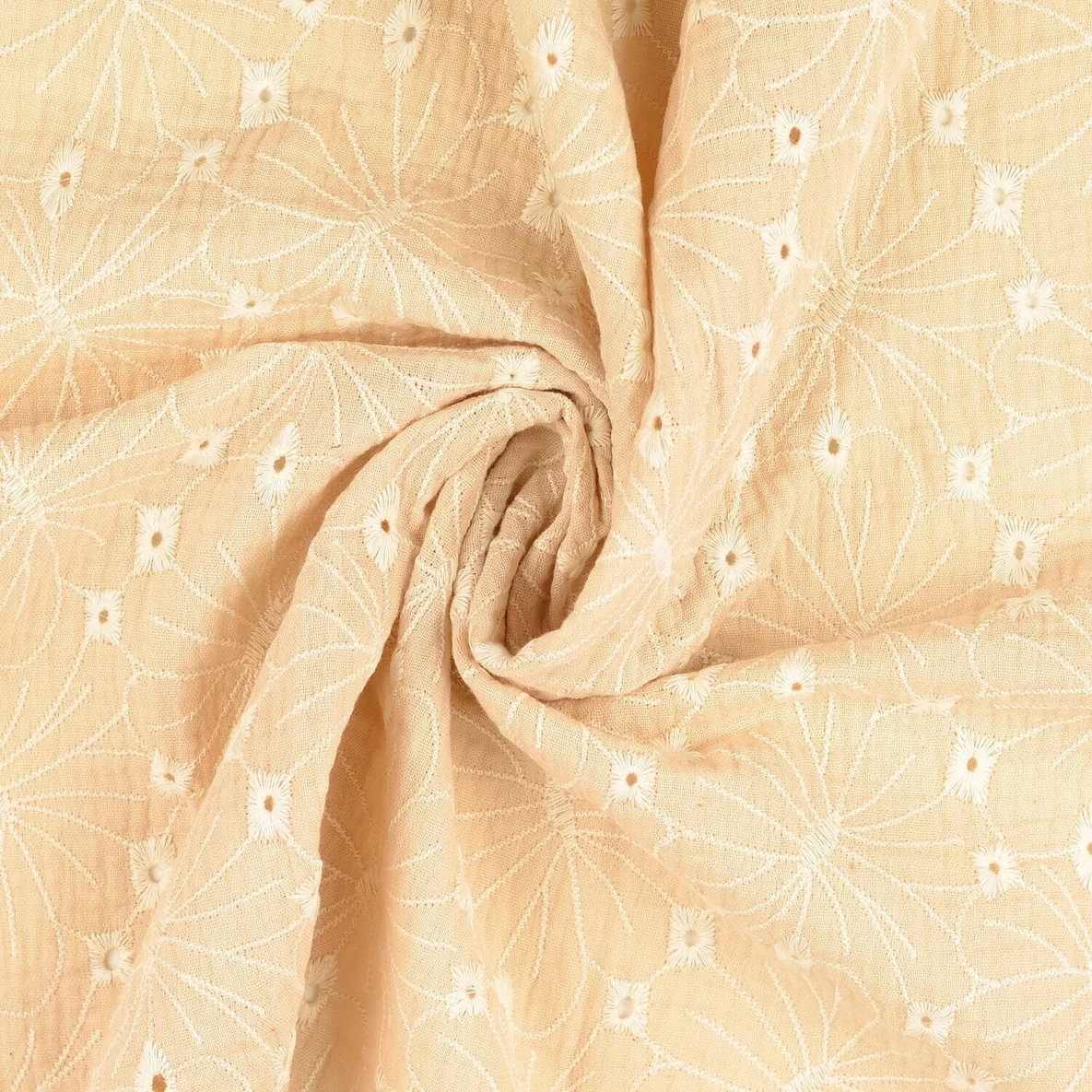 Baumwoll Musselin Double Gauze Blumen Bestickt Beige