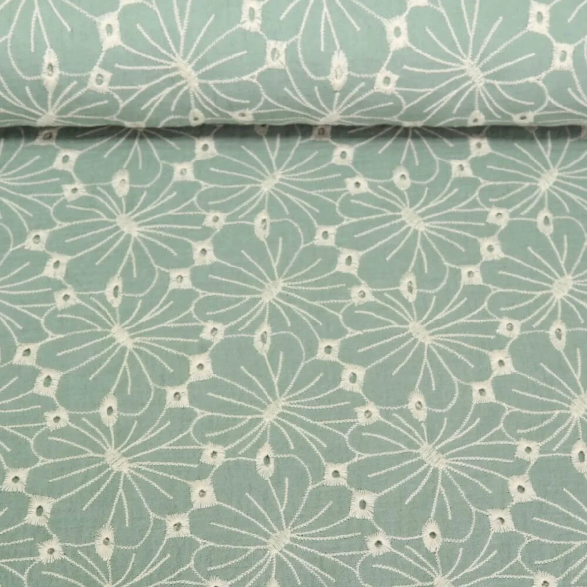 Baumwoll Musselin Double Gauze Blumen Bestickt Mint