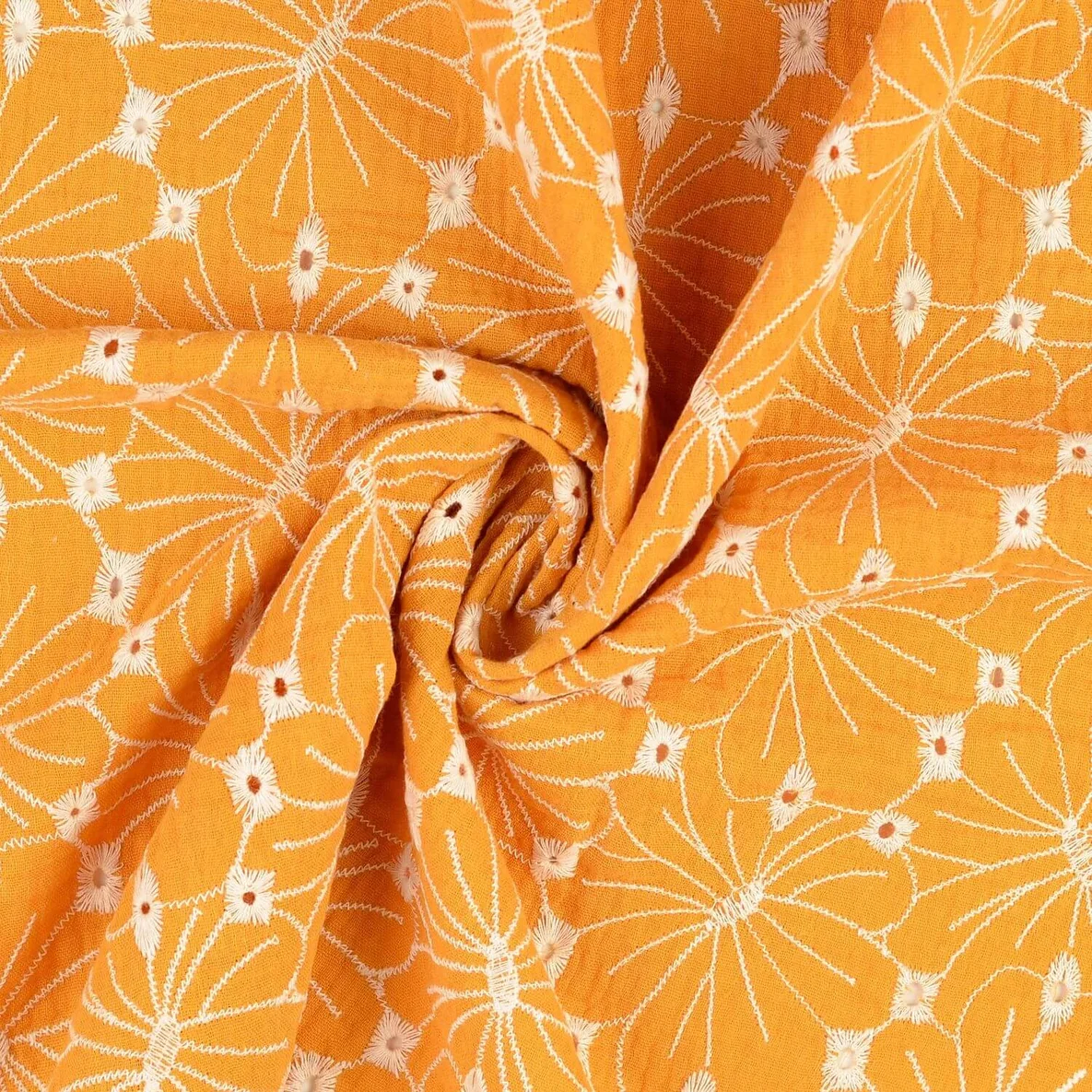 Baumwoll Musselin Double Gauze Blumen Bestickt Ocker