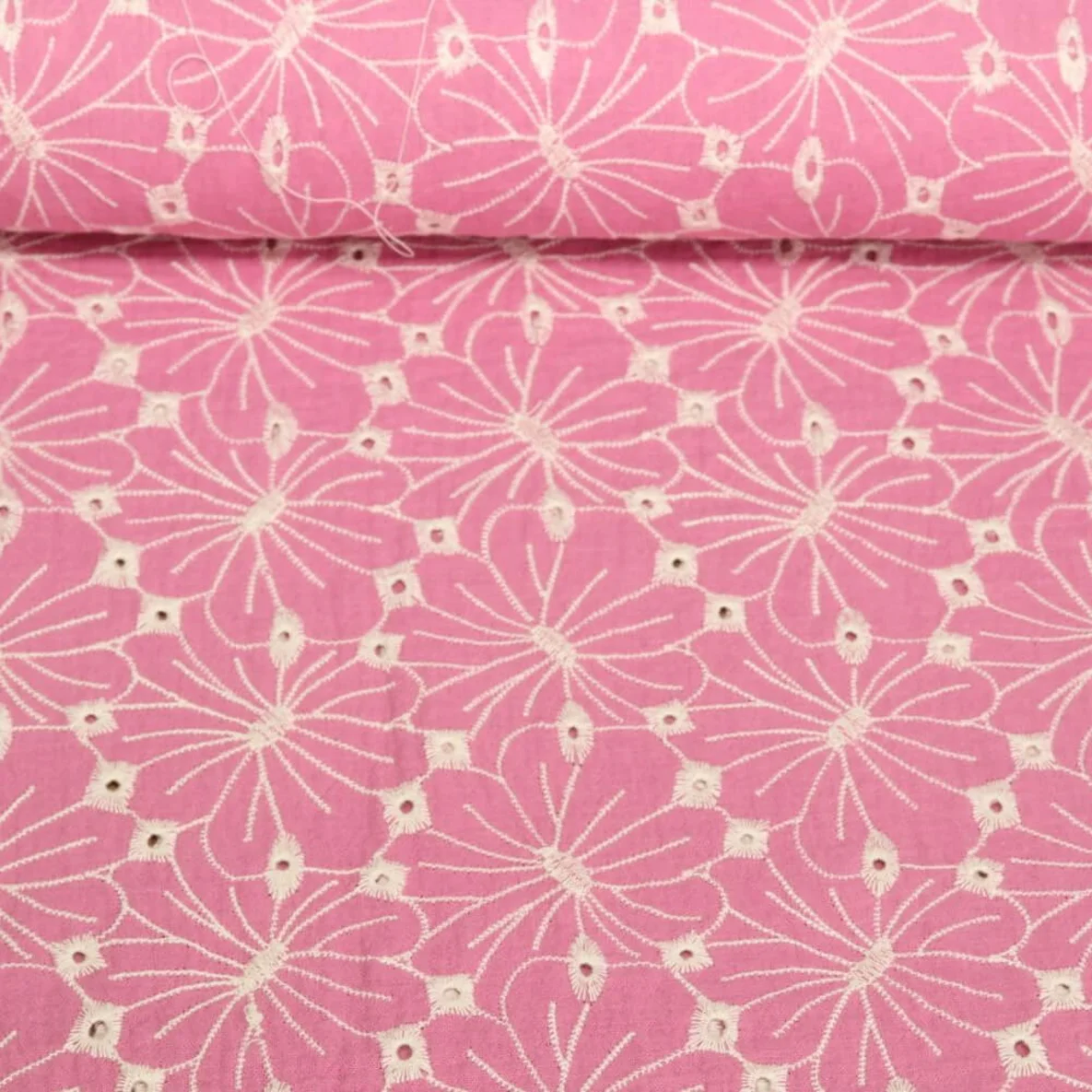 Baumwoll Musselin Double Gauze Blumen Bestickt Rosa