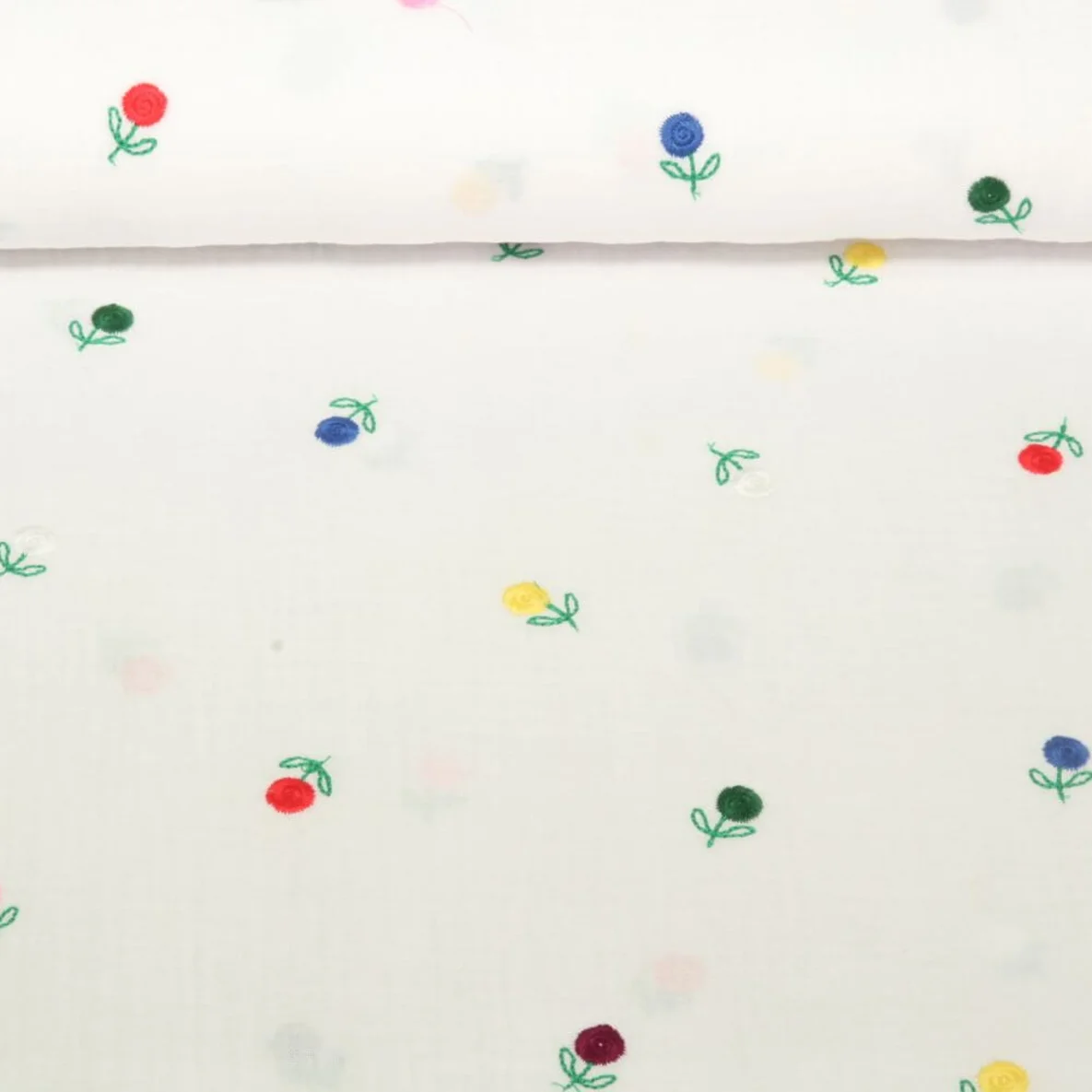 Baumwoll Musselin Double Gauze Blumen Bestickt Weiß