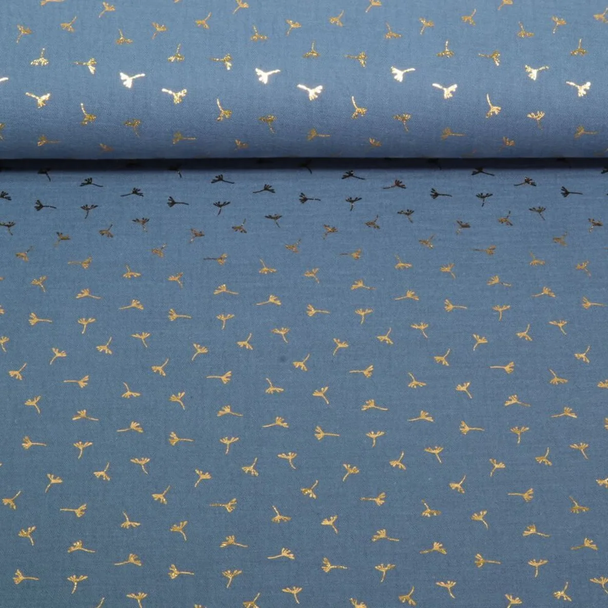 Baumwoll Musselin Double Gauze Foliendruck Blumen Jeansblau