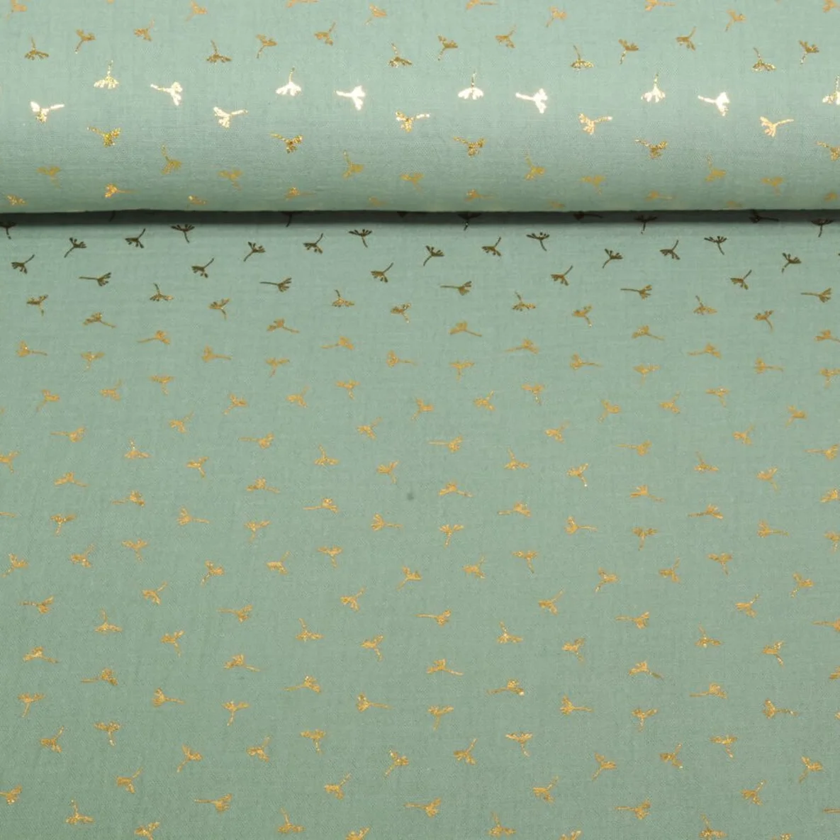 Baumwoll Musselin Double Gauze Foliendruck Blumen Mint