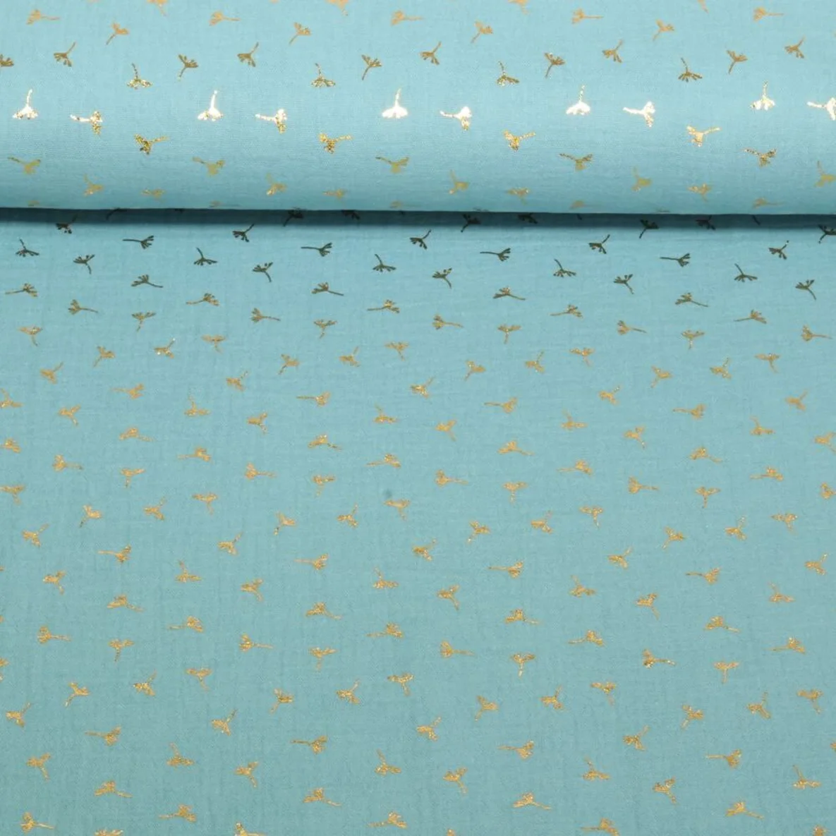 Baumwoll Musselin Double Gauze Foliendruck Blumen Türkis