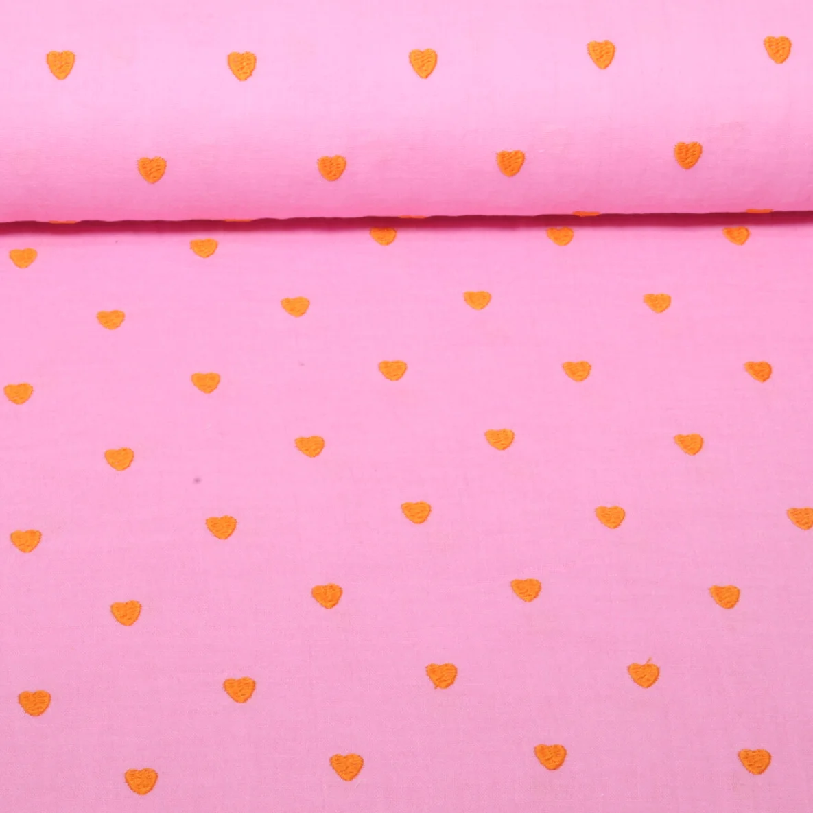 Baumwoll-Musselin Double Gauze Herzen Orange Bestickt Rosa