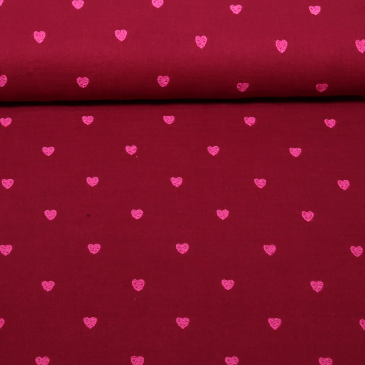 Baumwoll-Musselin Double Gauze Herzen Pink Bestickt Weinrot