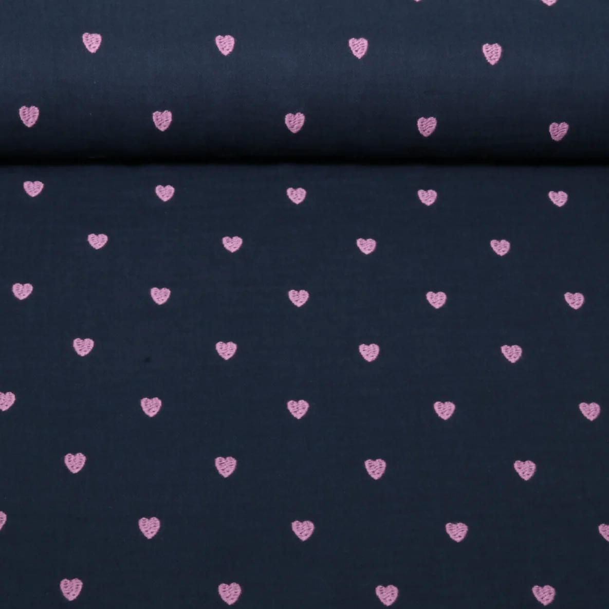 Baumwoll-Musselin Double Gauze Herzen Rosa Bestickt Navy