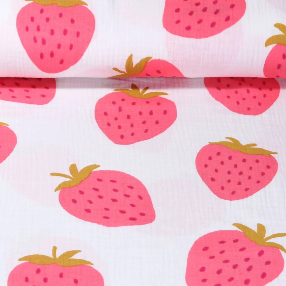 Baumwoll Musselin Erdbeeren Weiß