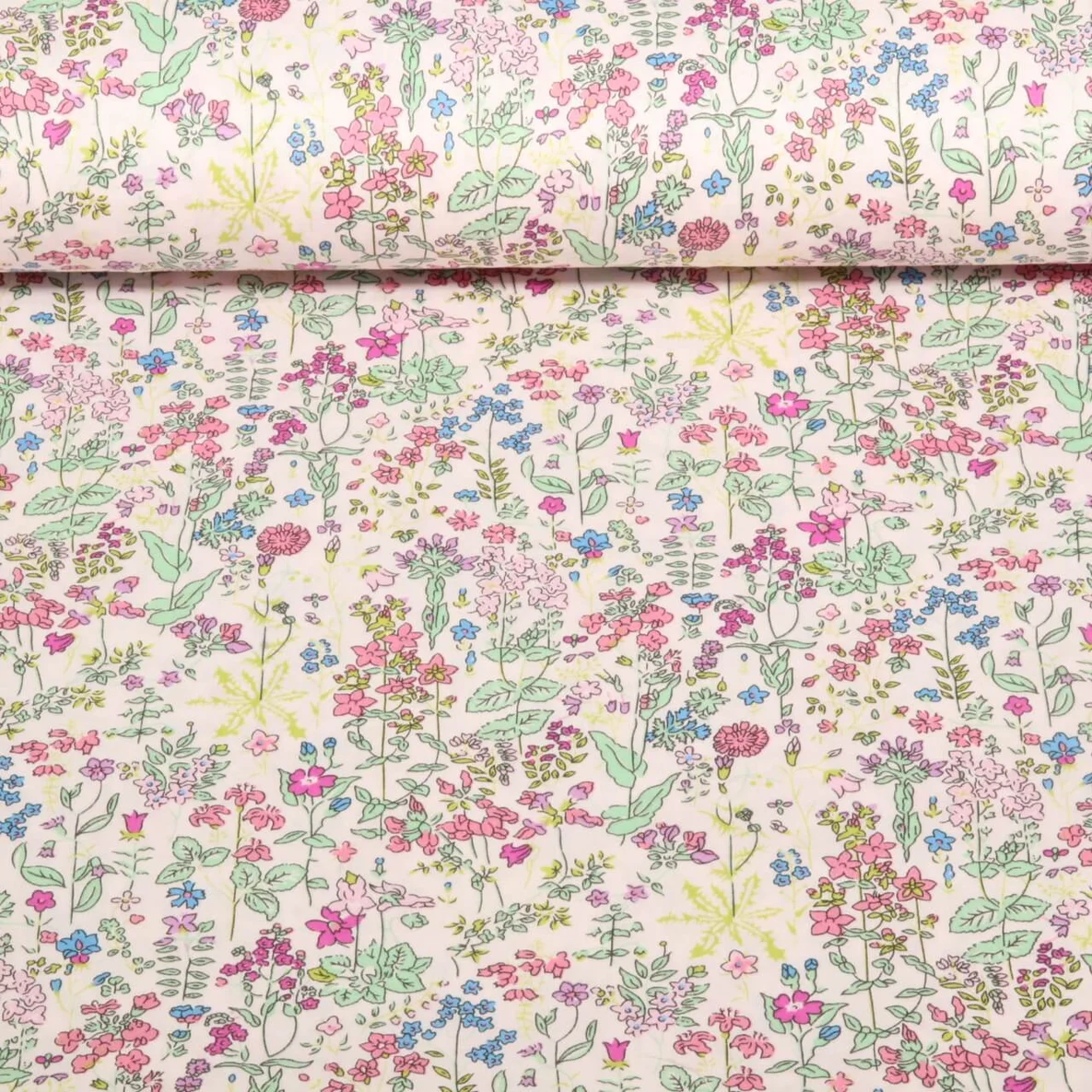 Baumwoll Popeline Blumenwiese Rosa