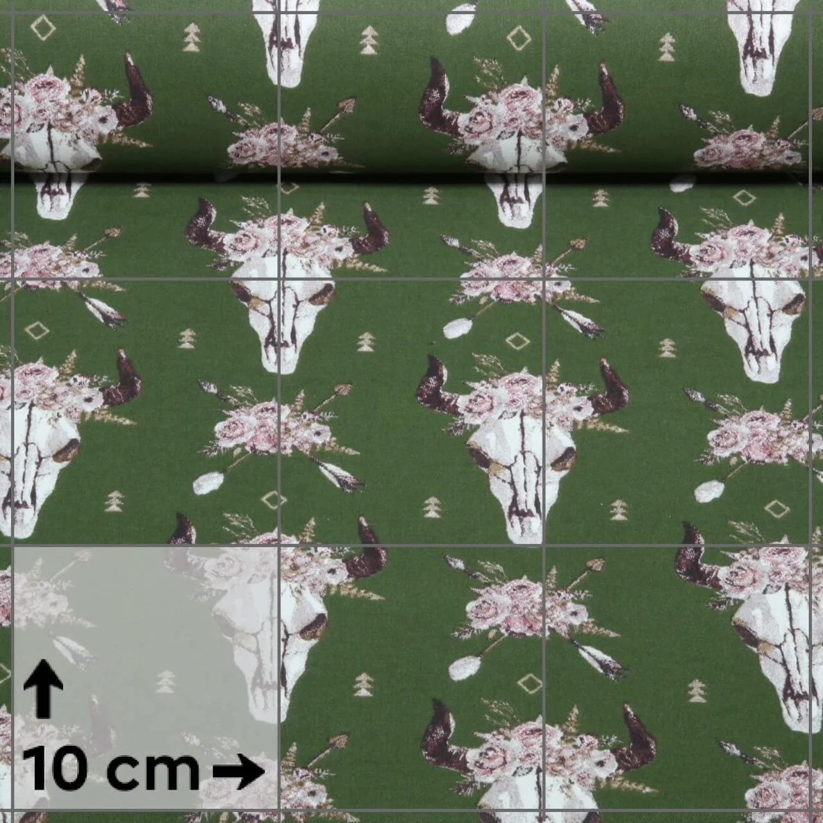 Baumwoll-Popeline Büffelschädel Boho Dunkelgrün