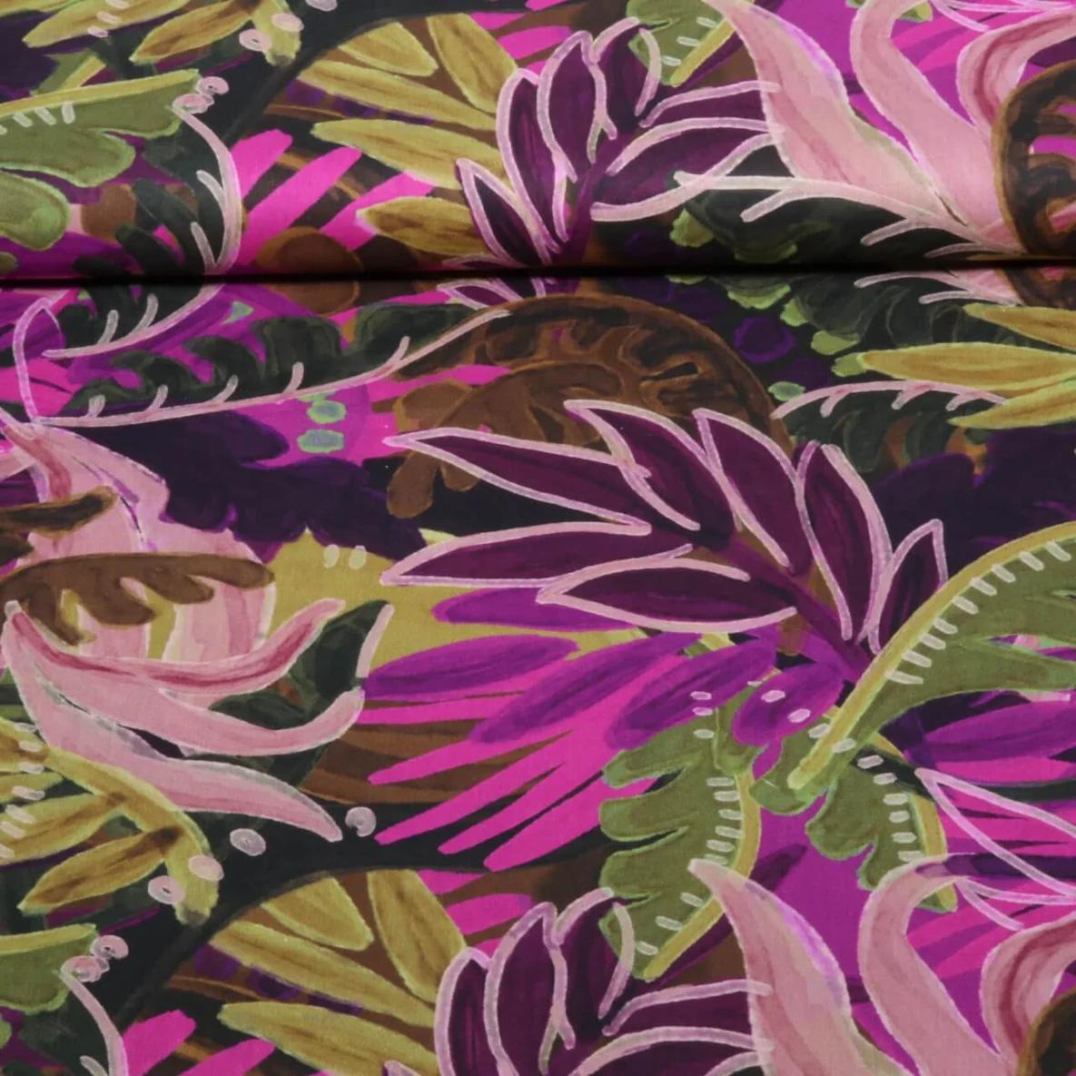 Baumwoll-Viskose Digitaldruck Blätter Pink Ocker