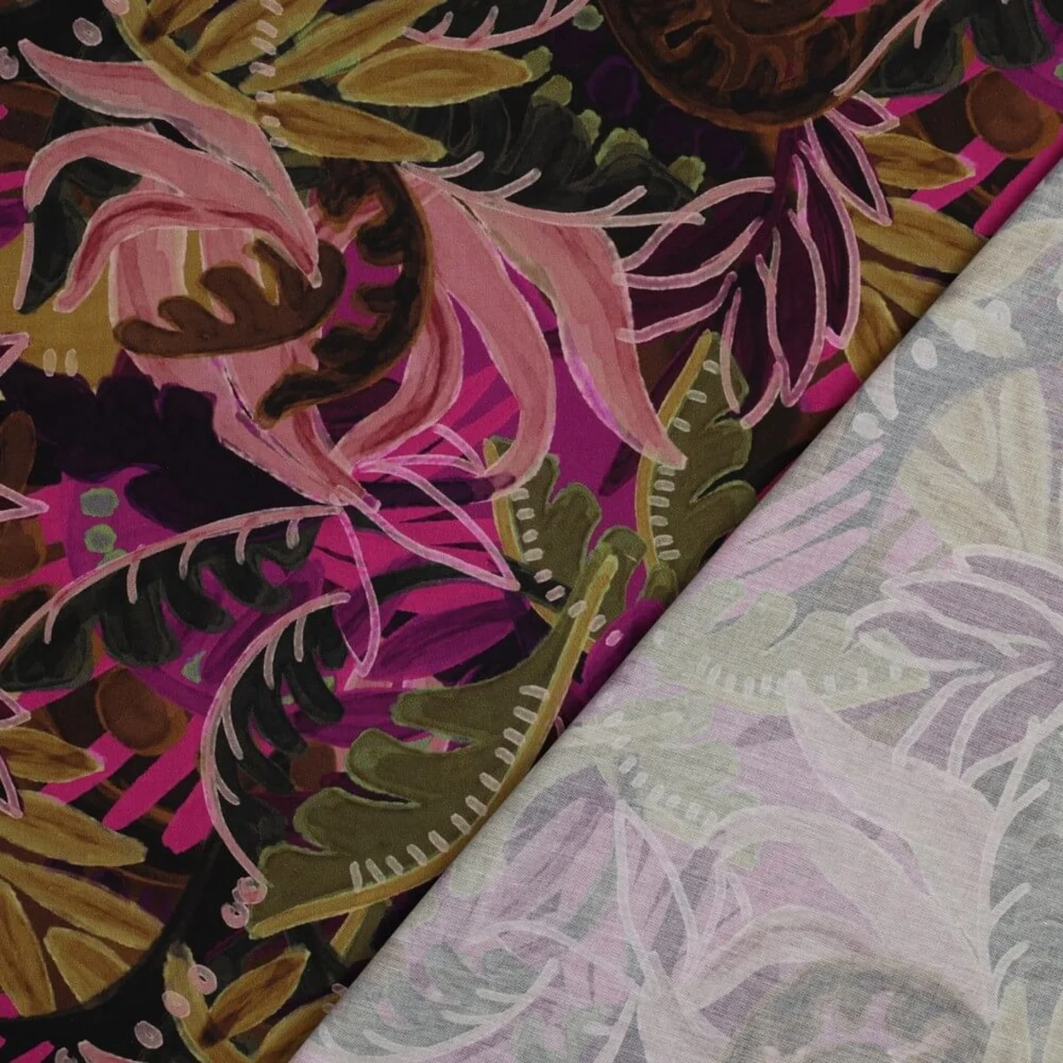 Baumwoll-Viskose Digitaldruck Blätter Pink Ocker