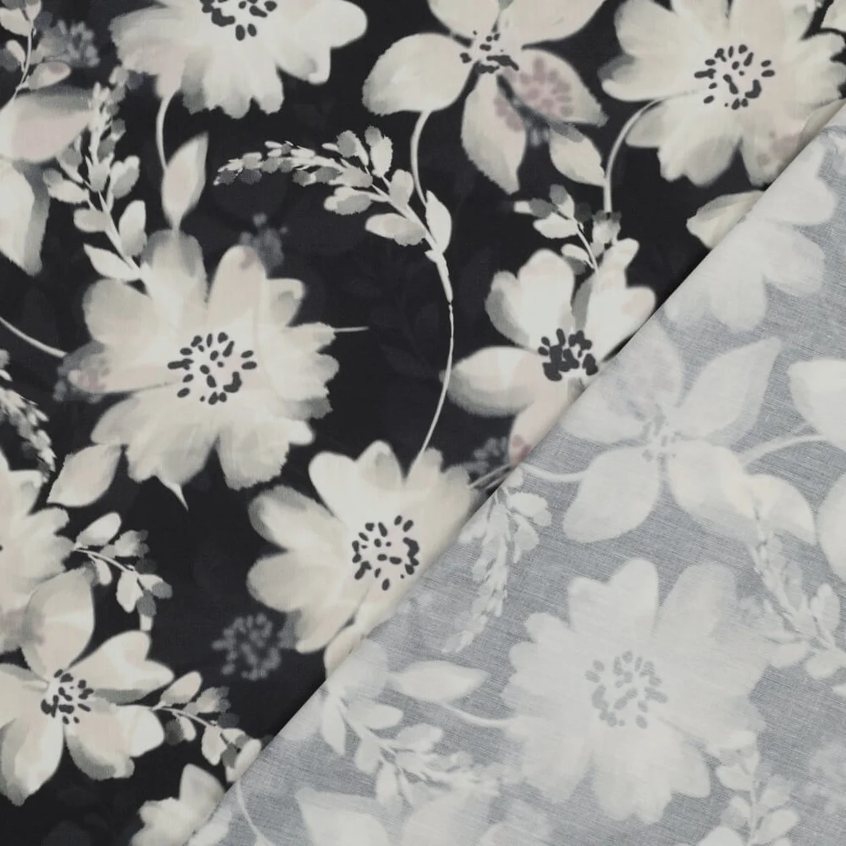 Baumwoll-Viskose Digitaldruck Blumen Schwarz