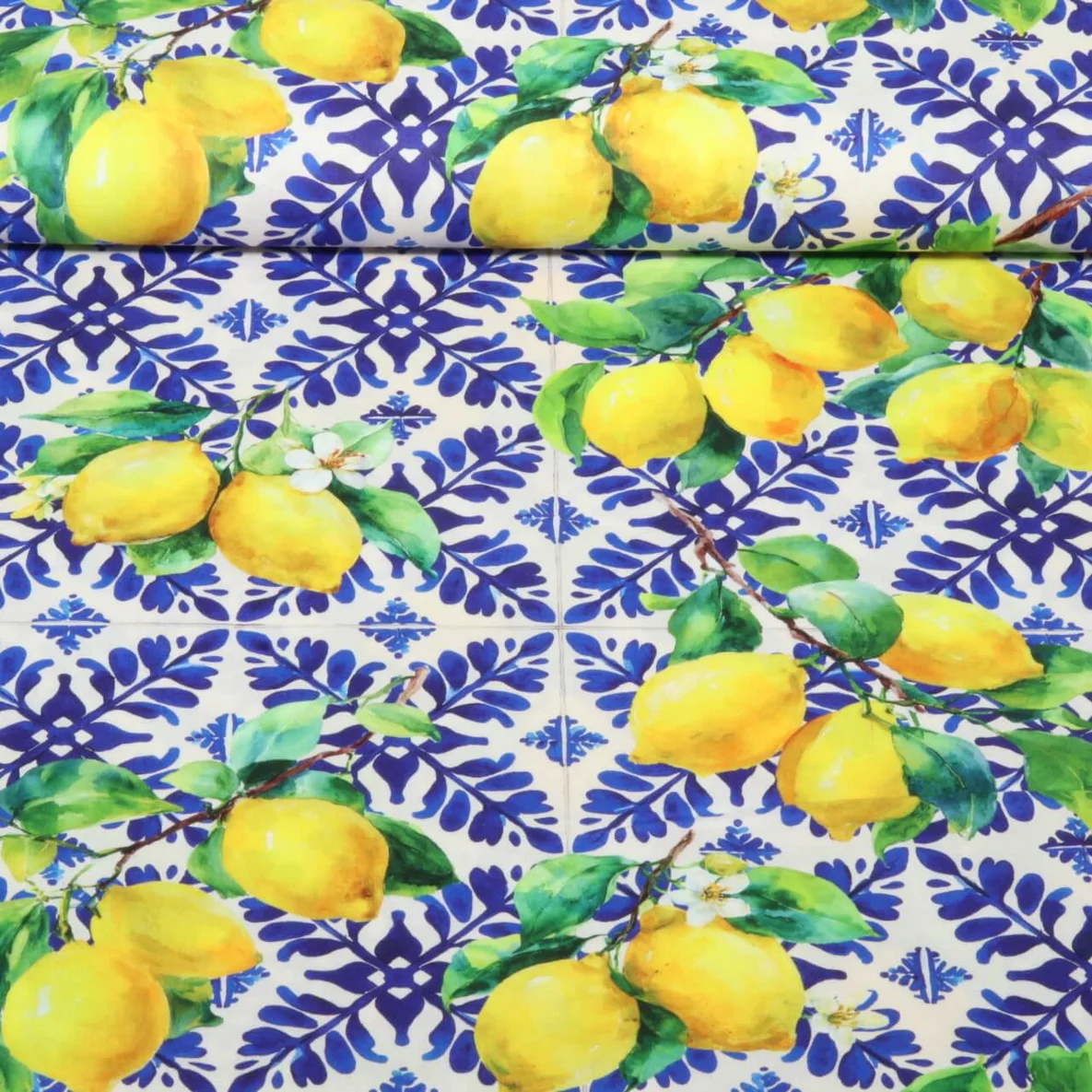 Baumwoll-Viskose Digitaldruck Zitronen Blau