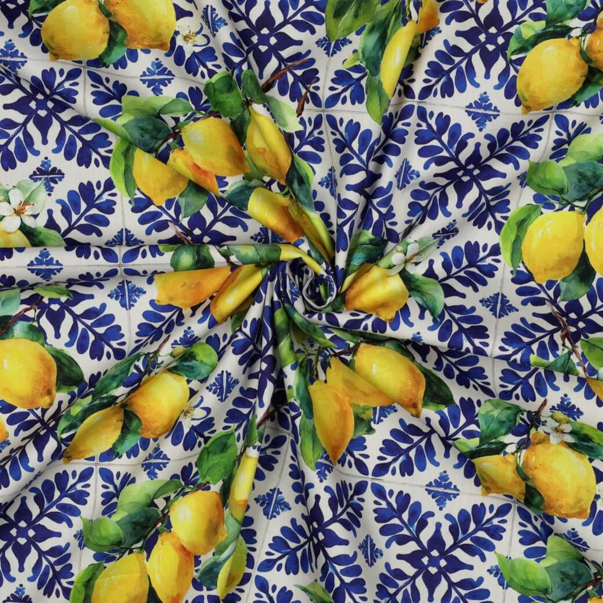 Baumwoll-Viskose Digitaldruck Zitronen Blau