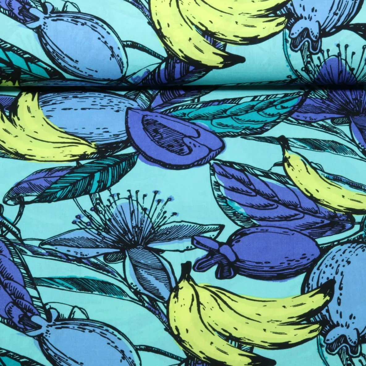 Baumwoll-Viskose Voile Früchte Blüten Mint