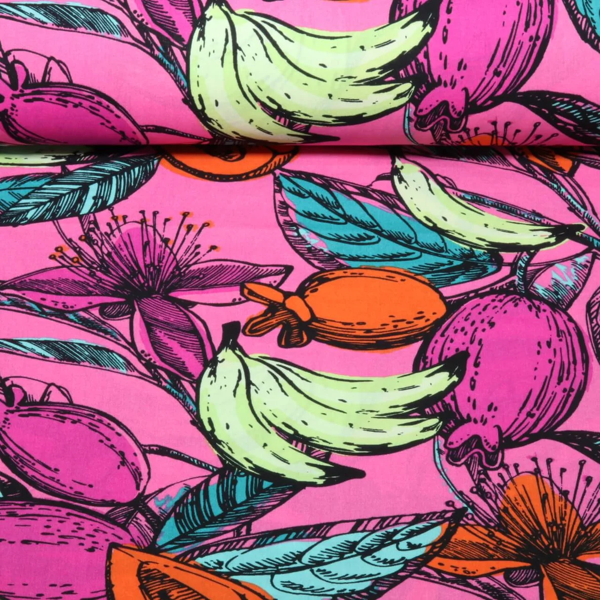Baumwoll-Viskose  Voile Früchte Blüten Pink