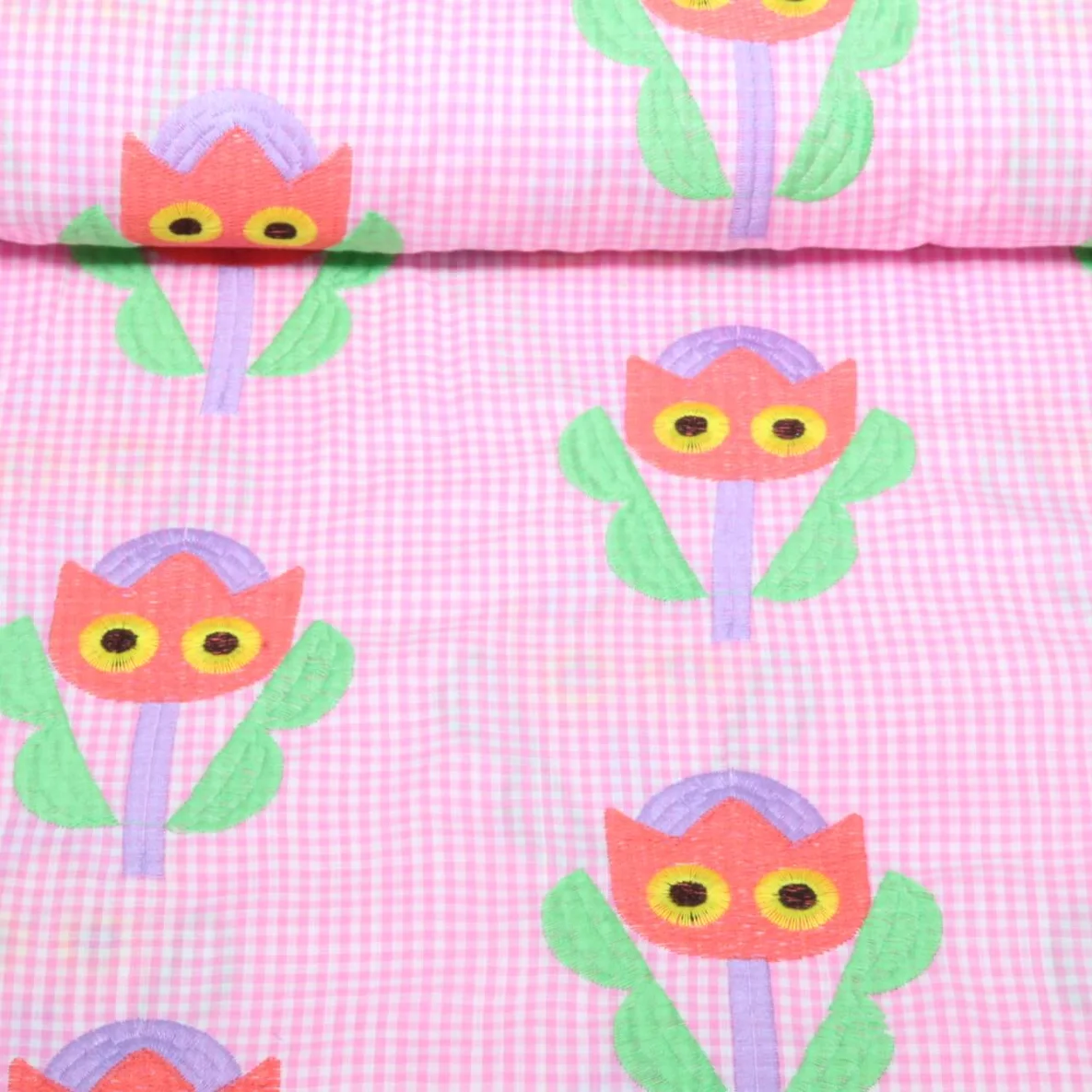 Baumwoll-Webware Bestickt Karo Tulpen Rosa