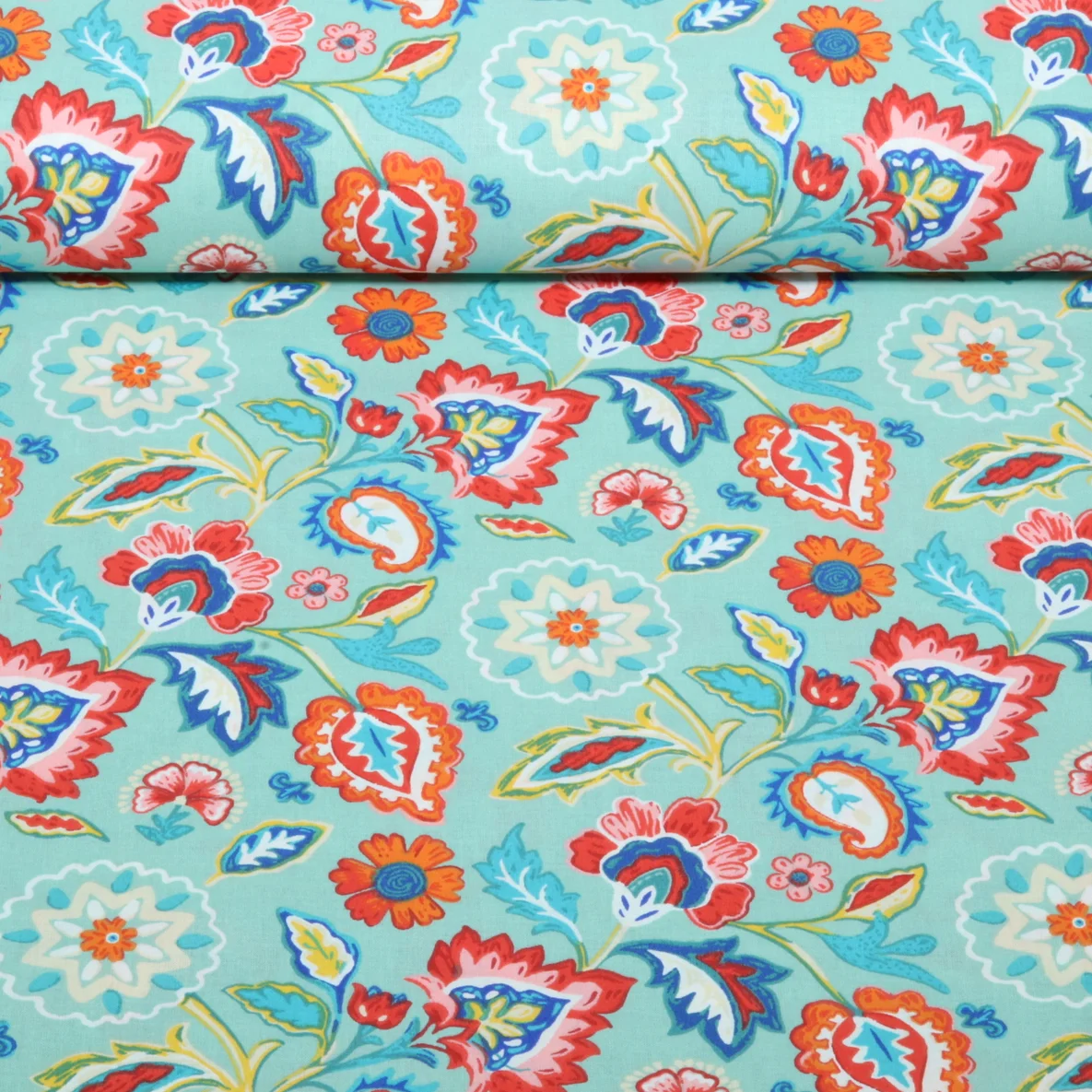 Baumwoll-Webware Blumen Boho Eisblau