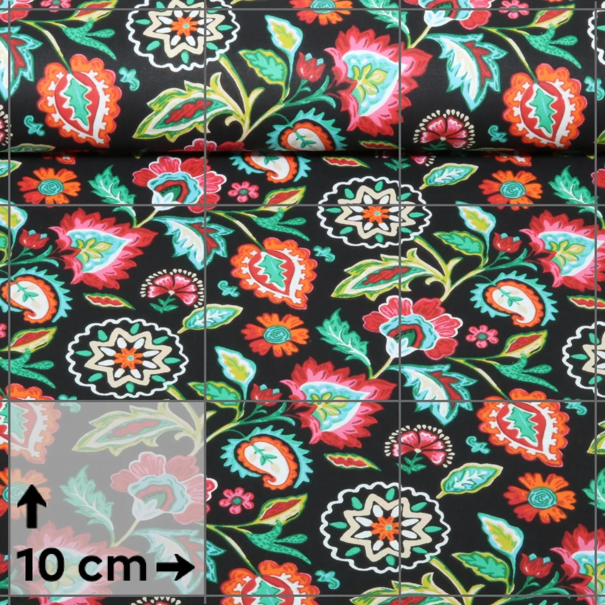 Baumwoll-Webware Blumen Boho Schwarz