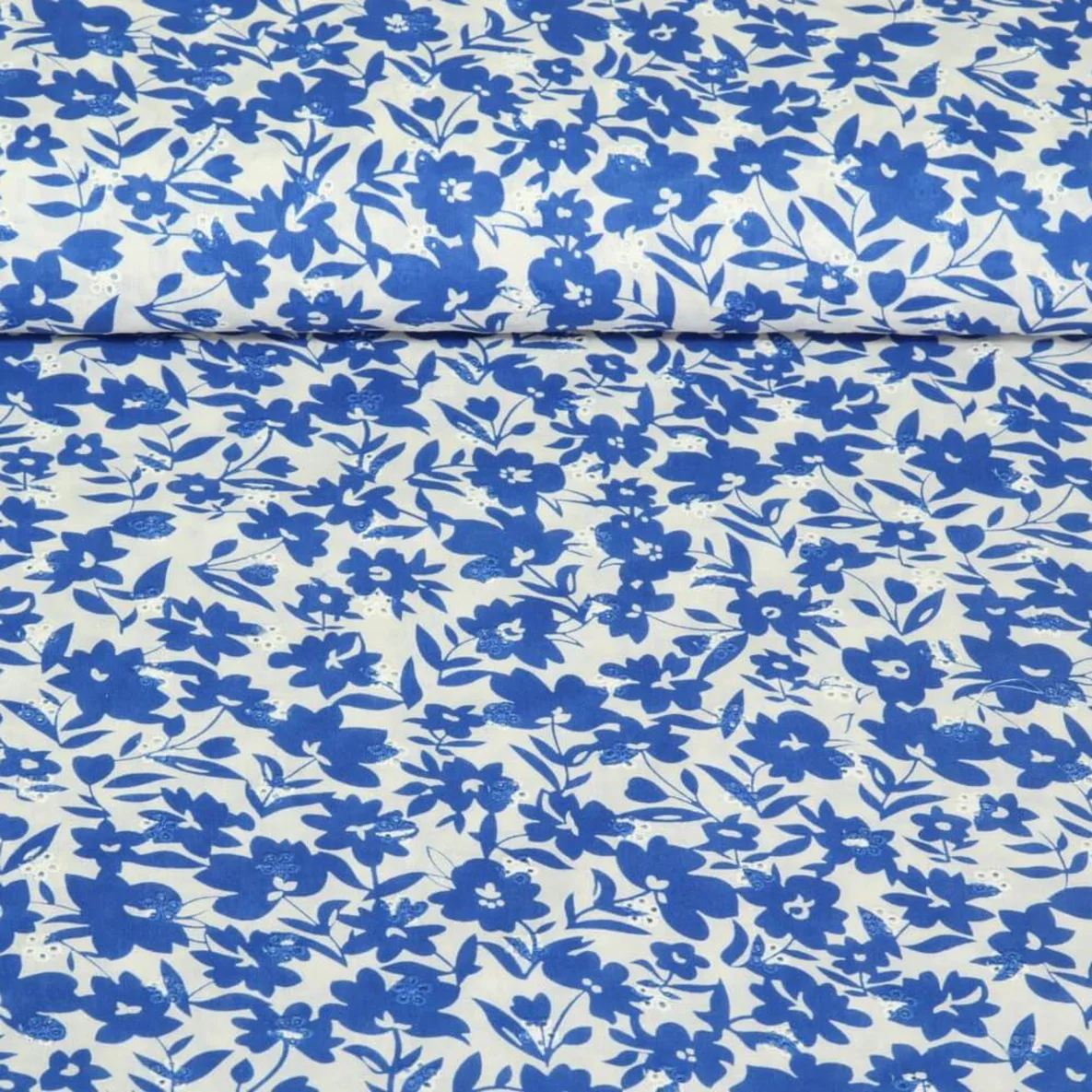 Baumwoll Webware Lochstickerei Blumen Weiß Kobalt