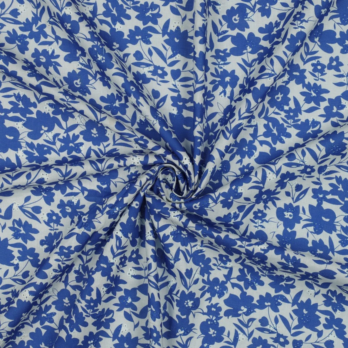 Baumwoll Webware Lochstickerei Blumen Weiß Kobalt