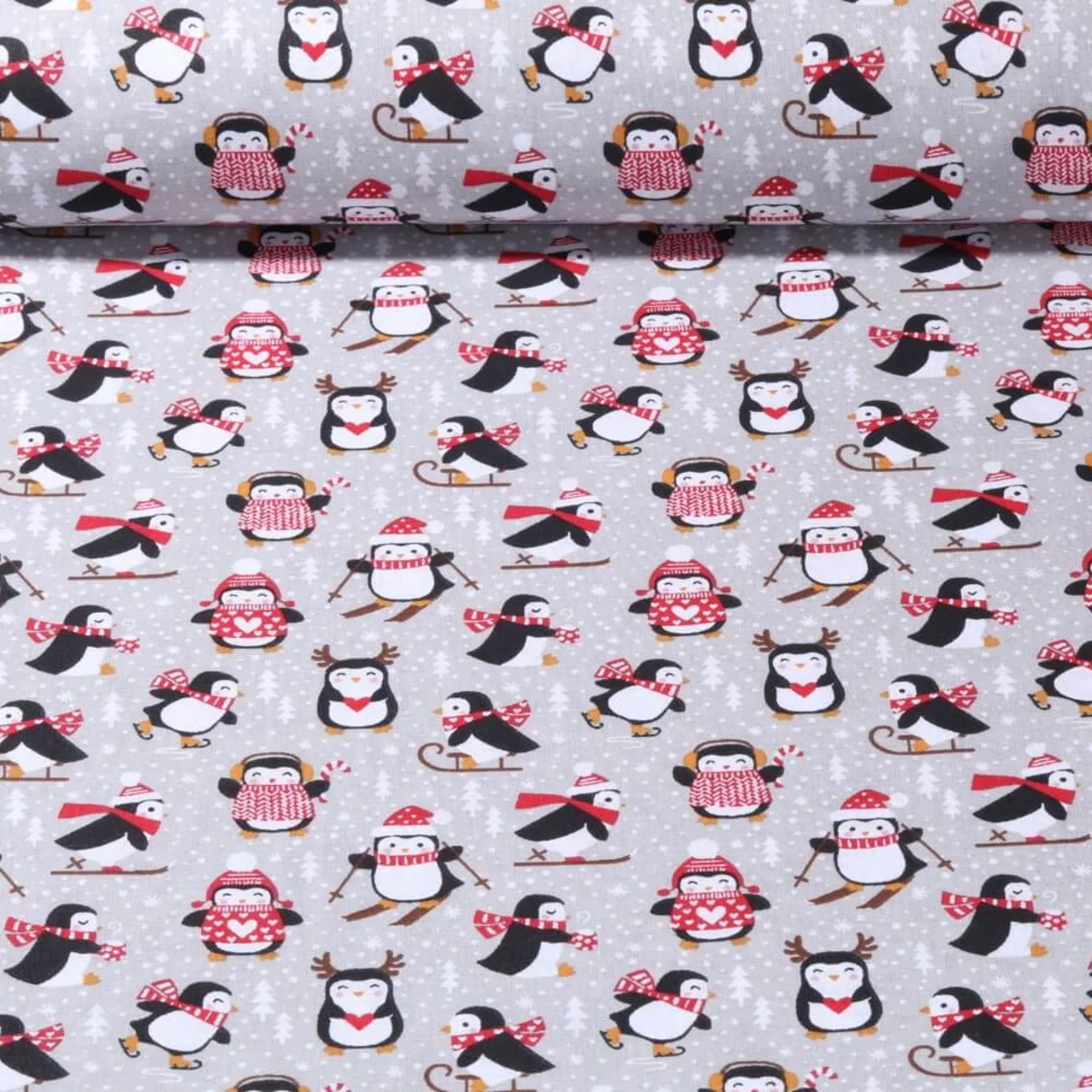 Baumwoll-Webware Lustige Pinguine Grau
