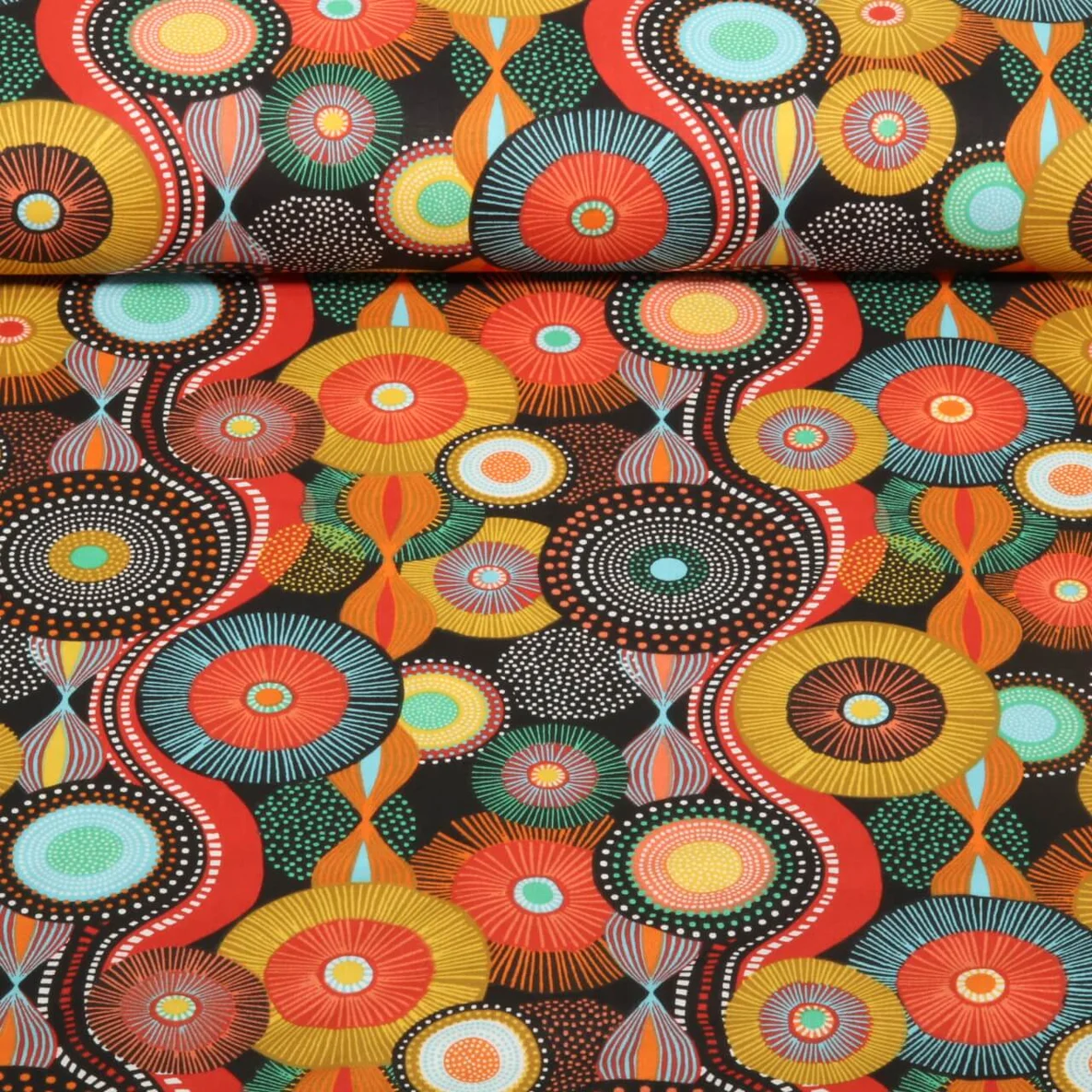 Baumwoll Webware Mandalas Schwarz Ocker