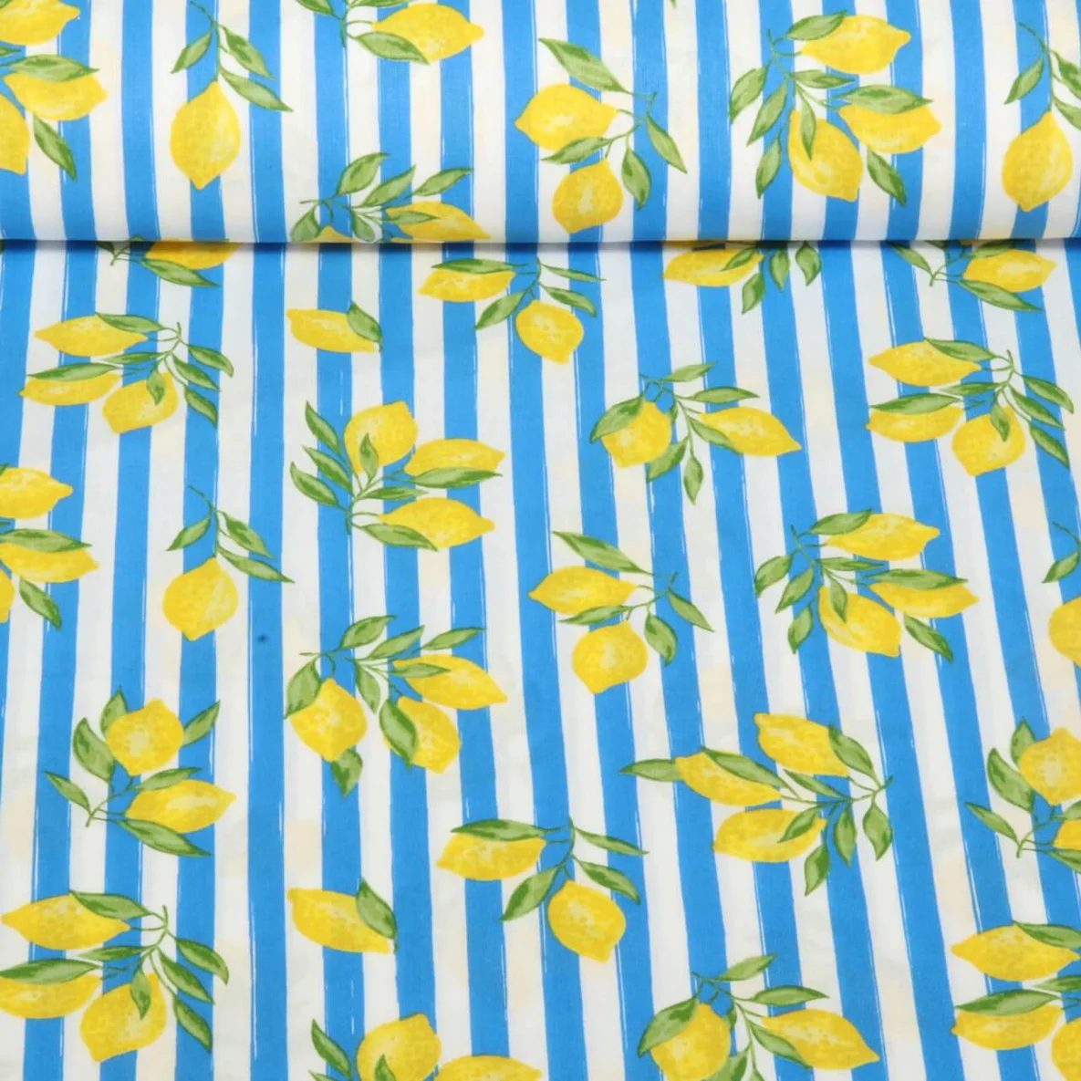 Baumwoll Webware Streifen Zitronen Blau