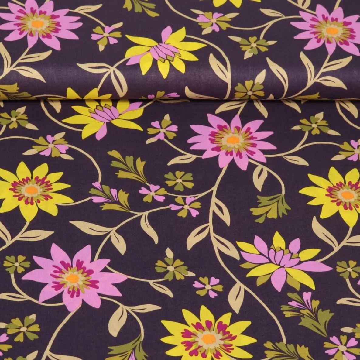 Baumwollvoile Blumenranken Aubergine