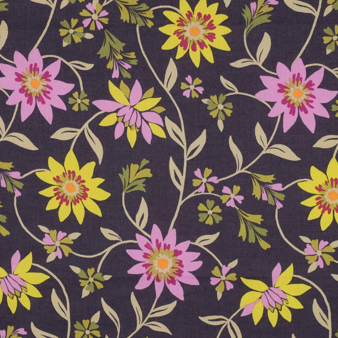 Baumwollvoile Blumenranken Aubergine