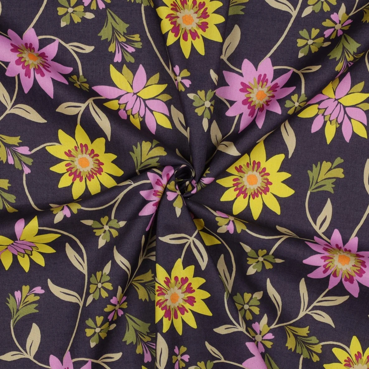 Baumwollvoile Blumenranken Aubergine